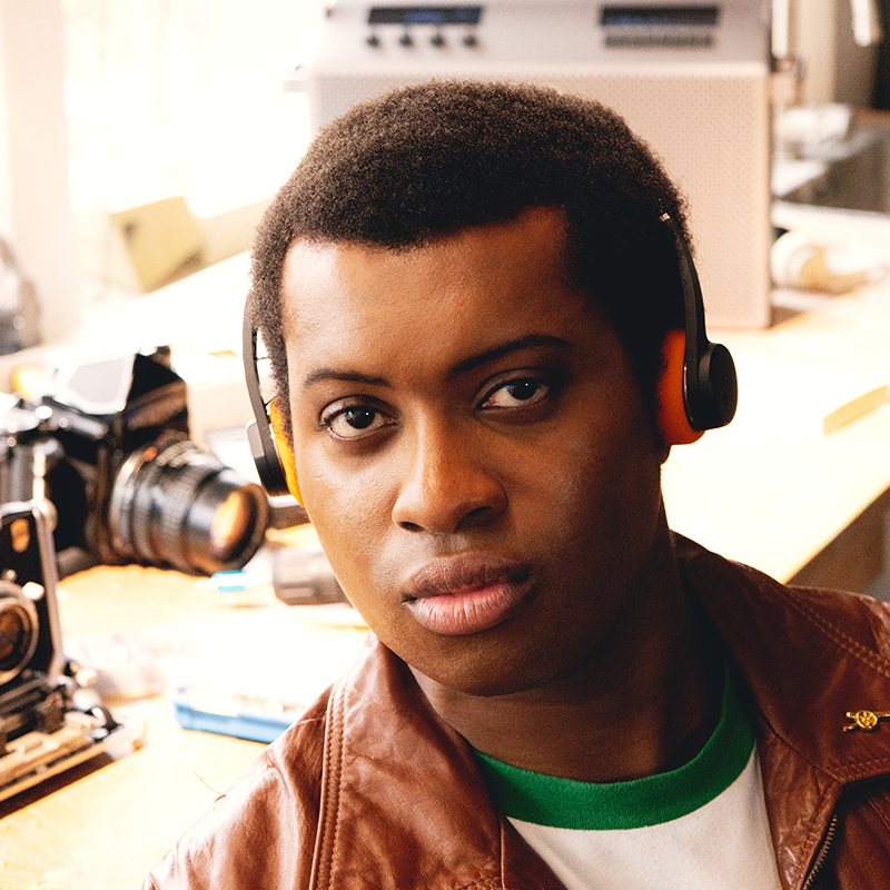 Man wearing Mondo over-the-ear head phones