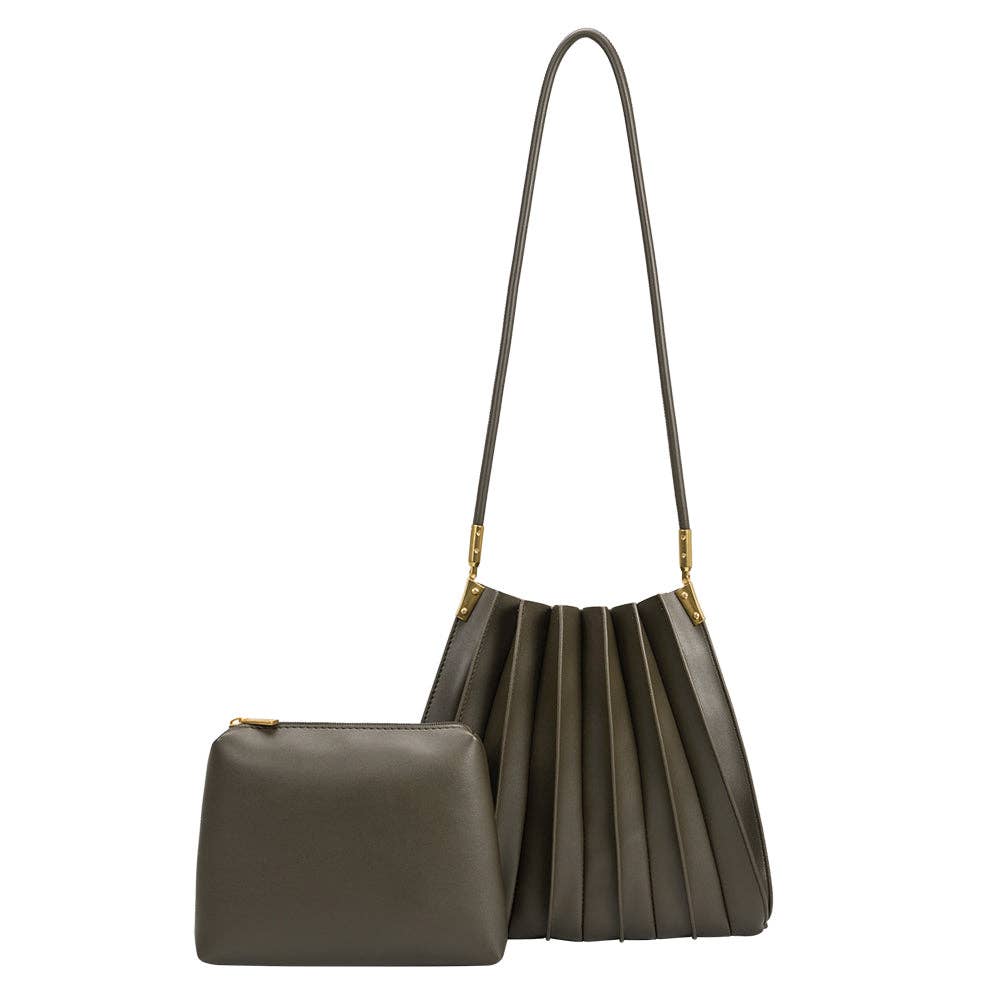 Melie Bianco - Carrie Olive Pleated Vegan Leather Shoulder Bag