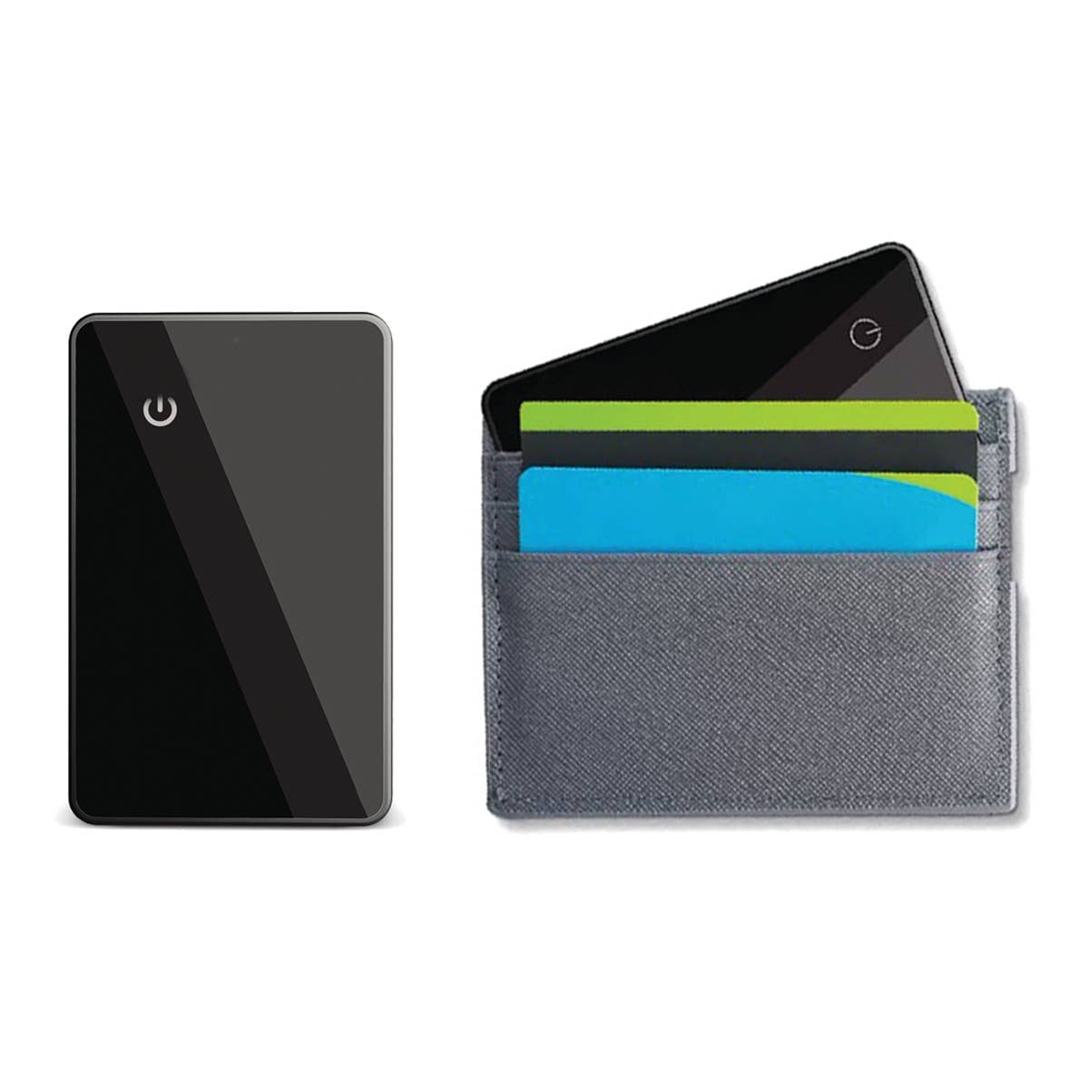 Cardholder tracker with cards and smartphone on a white background