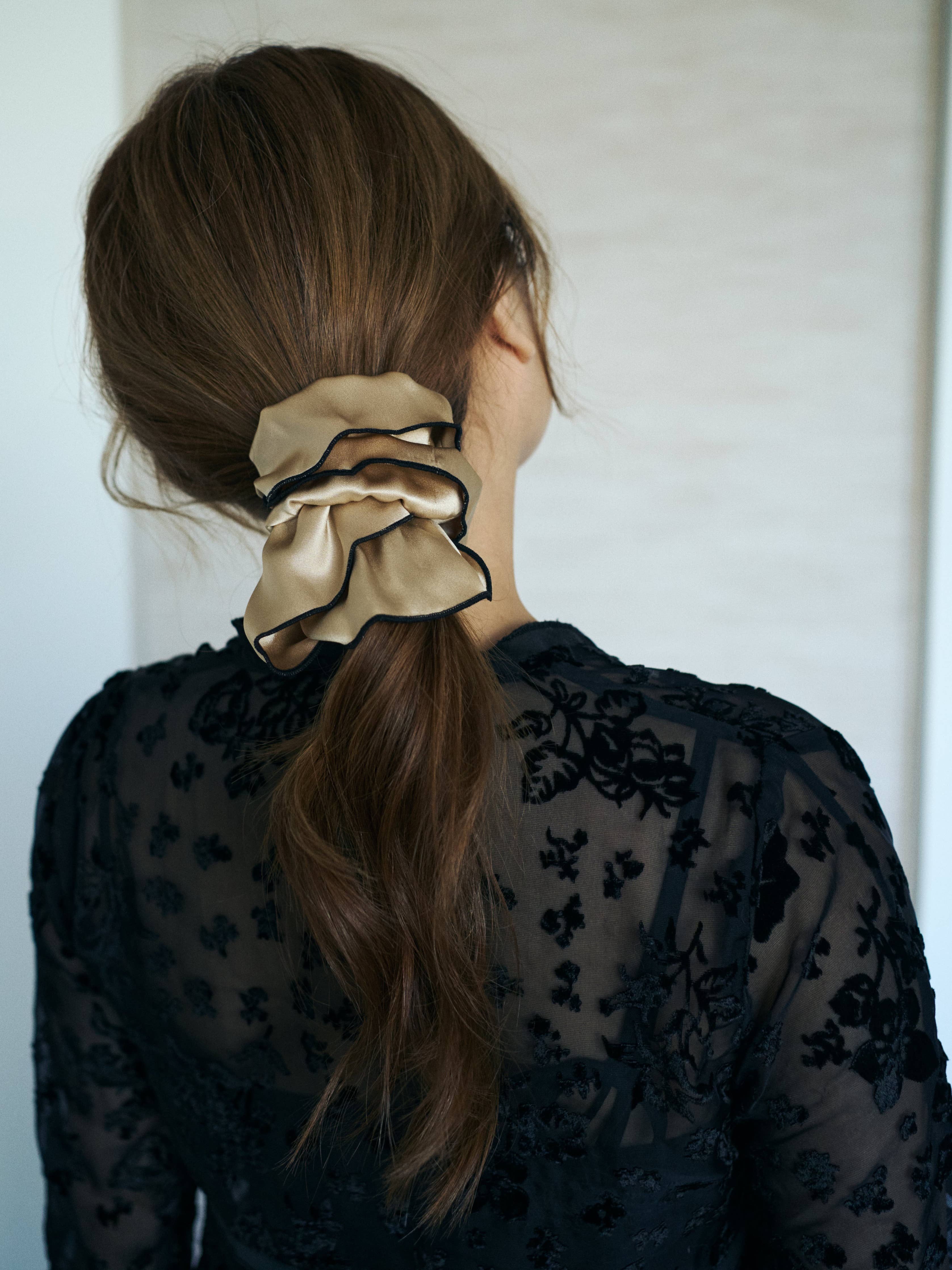Lost Pattern NYC - "Maxi Flower" Double-Layer Oversized Silk Scrunchie - Tan