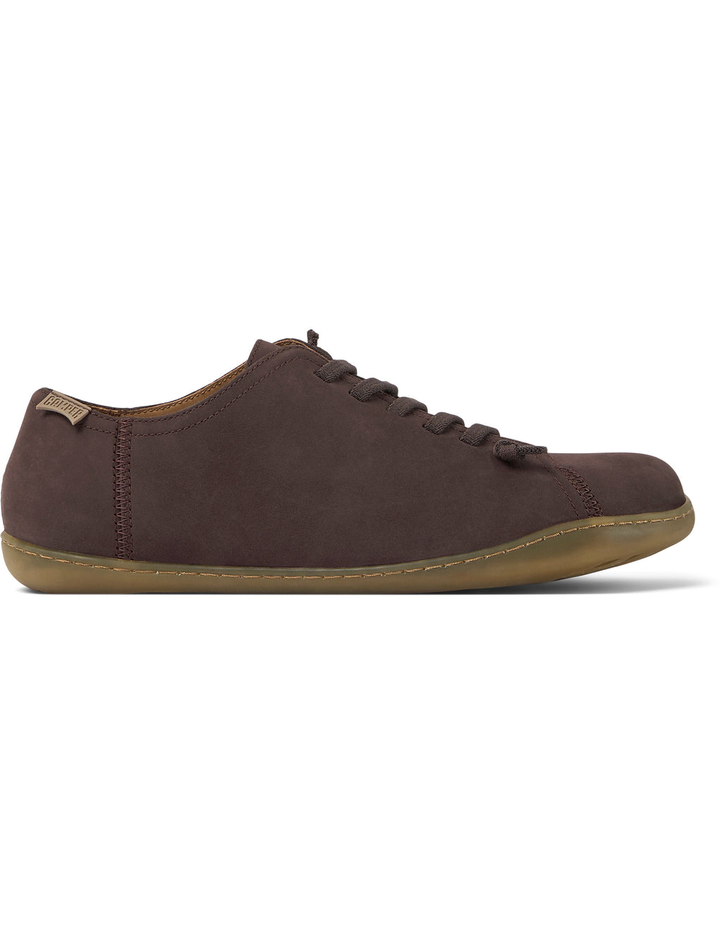 Brown leather sneaker with light brown sole on a white background