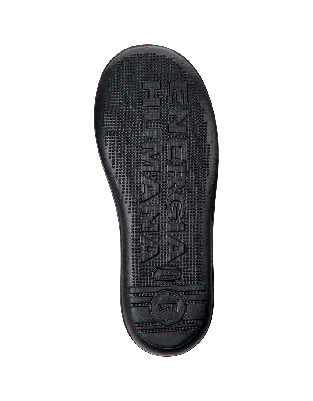 Black shoe sole with 'Energia Humana' branding on a white background