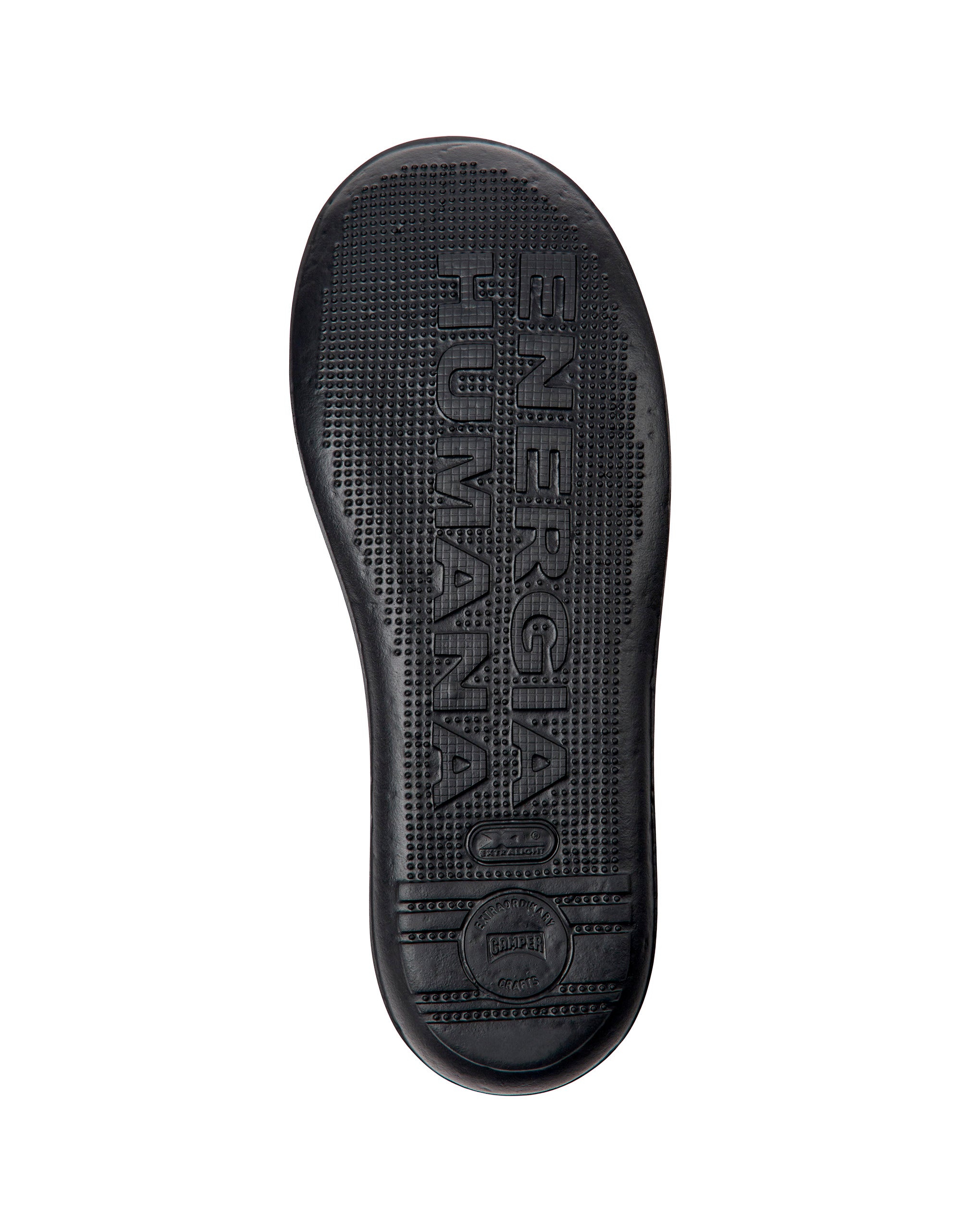Black shoe sole with 'Energia Humana' branding on a white background
