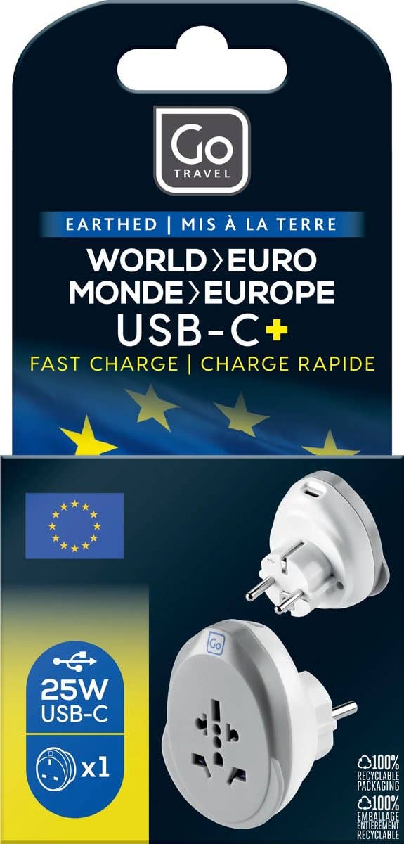 Go Travel world to Euro USB-C+ adapter packaging with adapter illustration