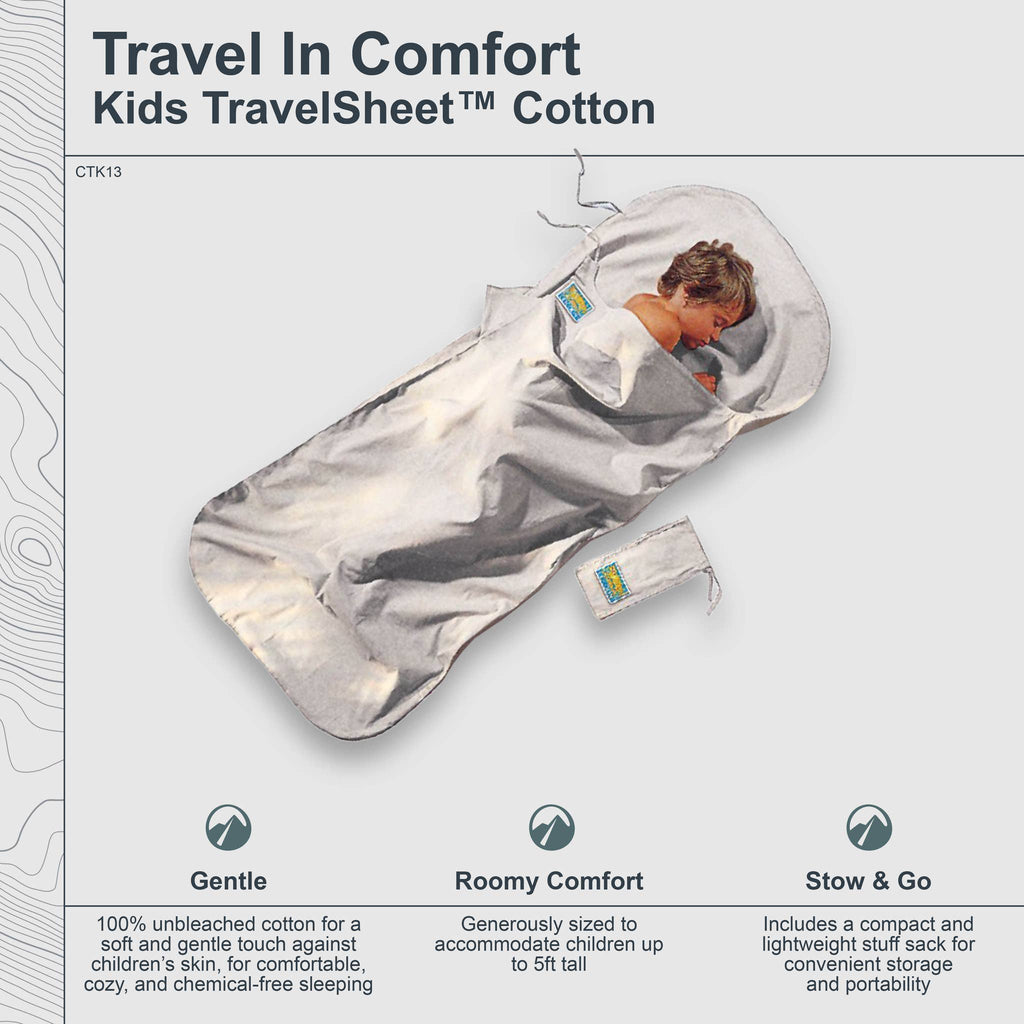 Kids TravelSheet Cotton product with a child sleeping in it, on a light gray background.