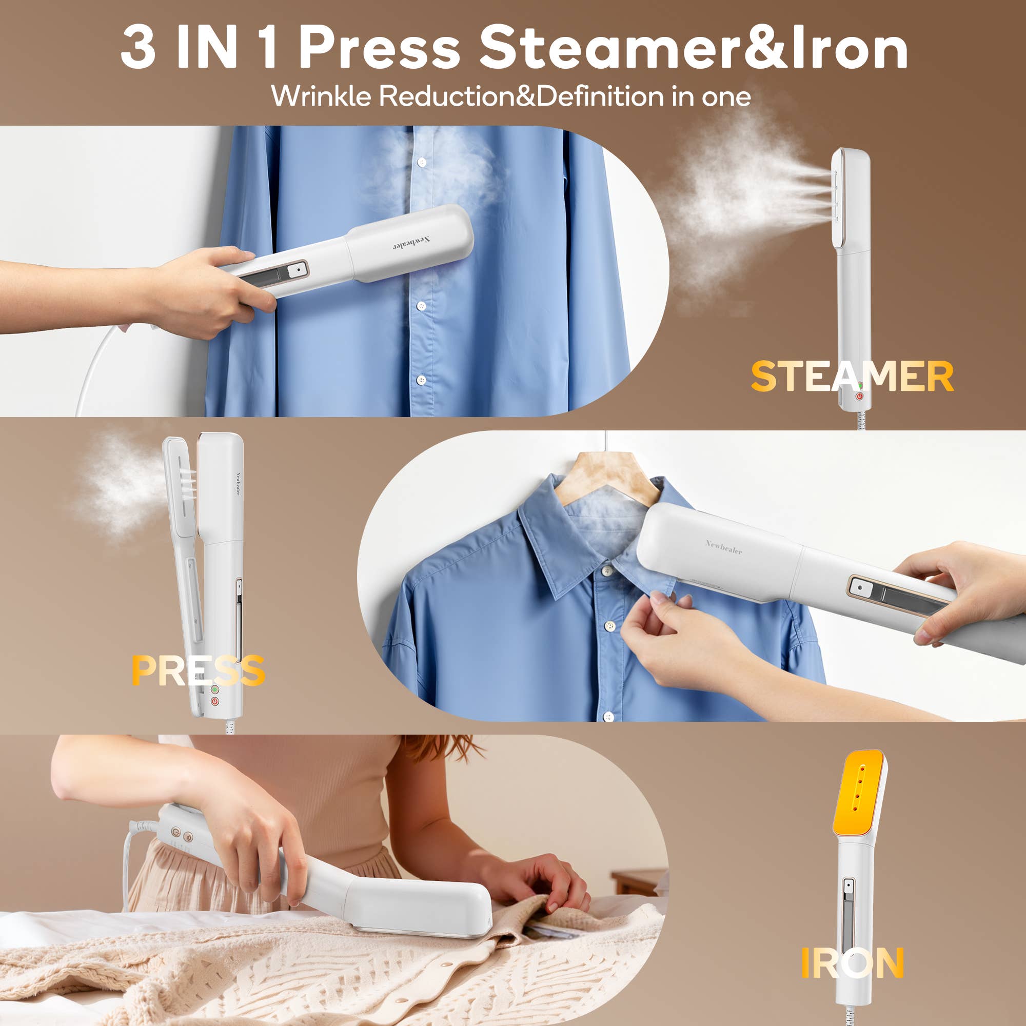Newbealer - 3-in-1 Portable Steamer for Clothes, Global Voltage