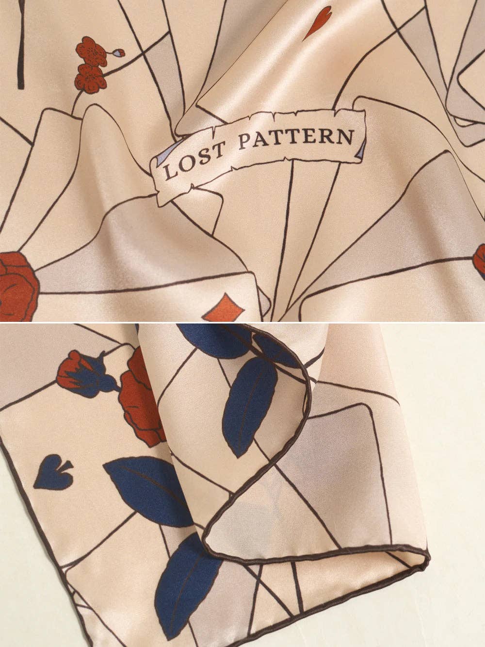 Lost Pattern NYC - "Camellia" Silk Pocket Square & Large Silk Scarf Set -Khaki
