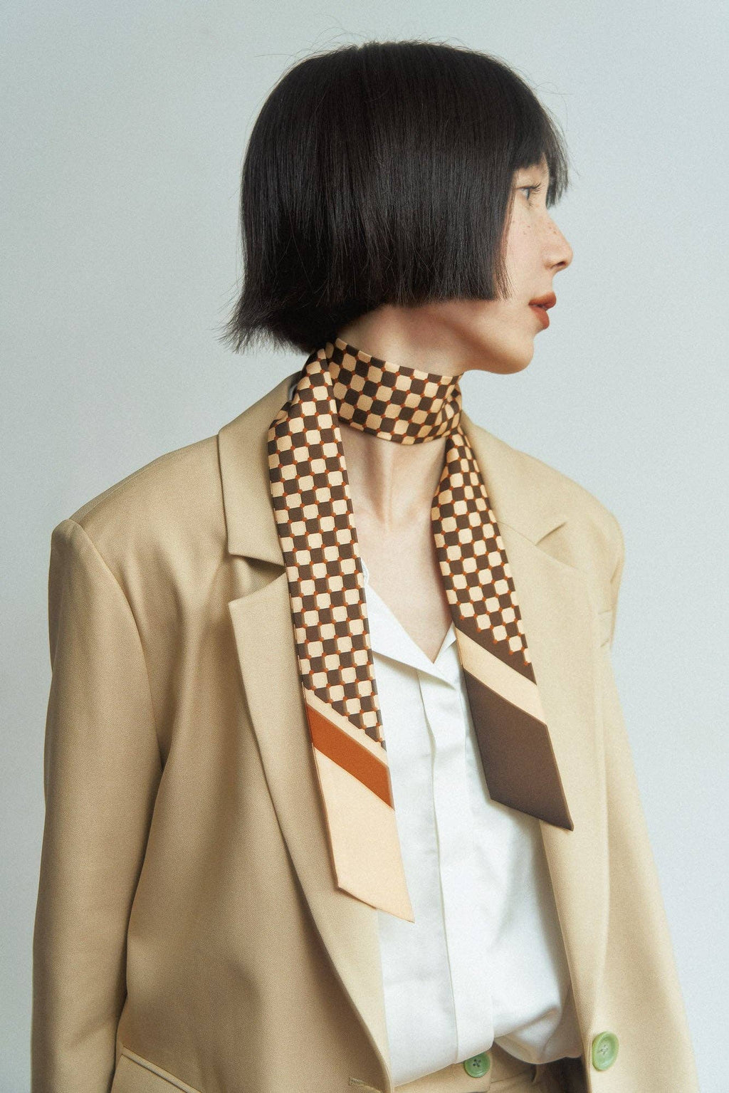 Lost Pattern NYC - "Checkerboard" Silk Twill Skinny Scarf  - Coffee