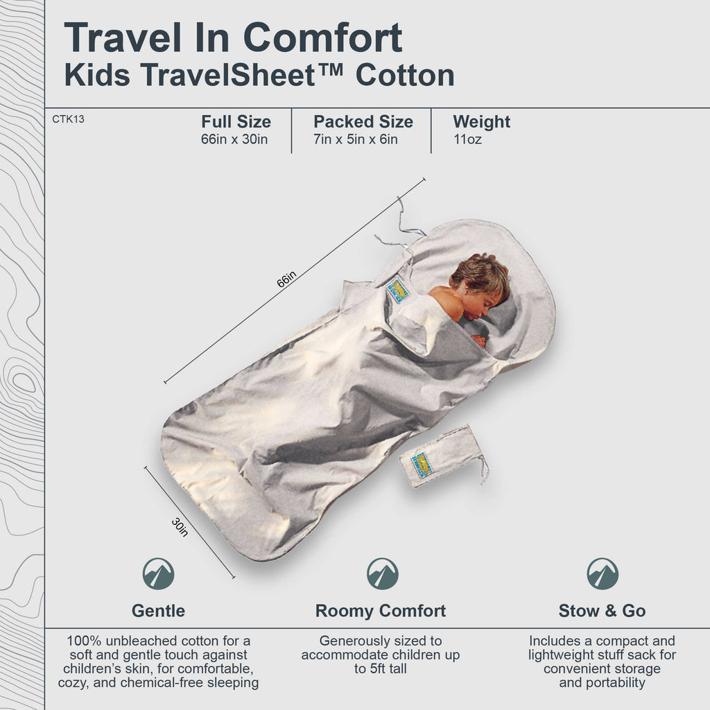 Children's travel sheet with dimensions, weight, and features on a white background