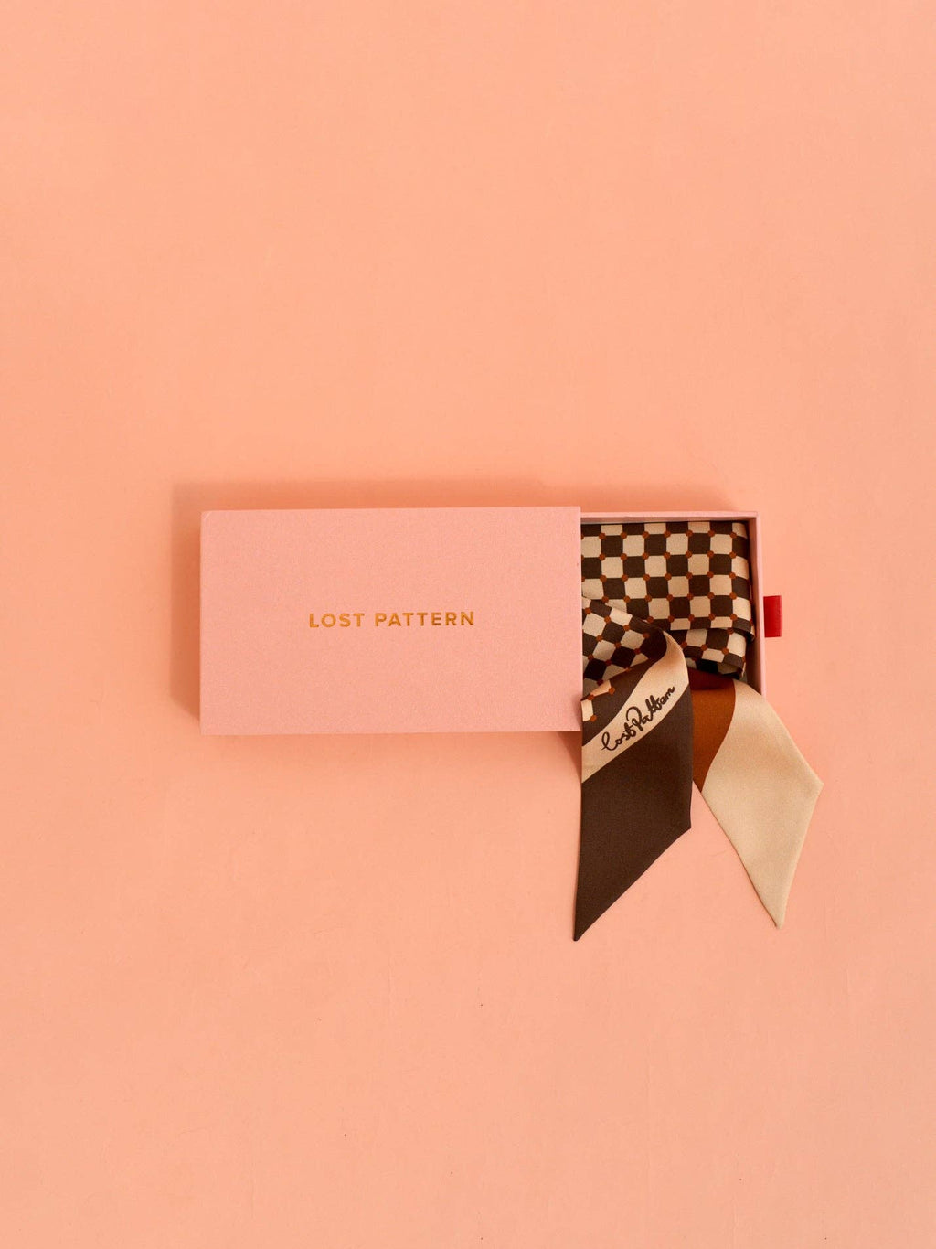 Lost Pattern NYC - "Checkerboard" Silk Twill Skinny Scarf  - Coffee