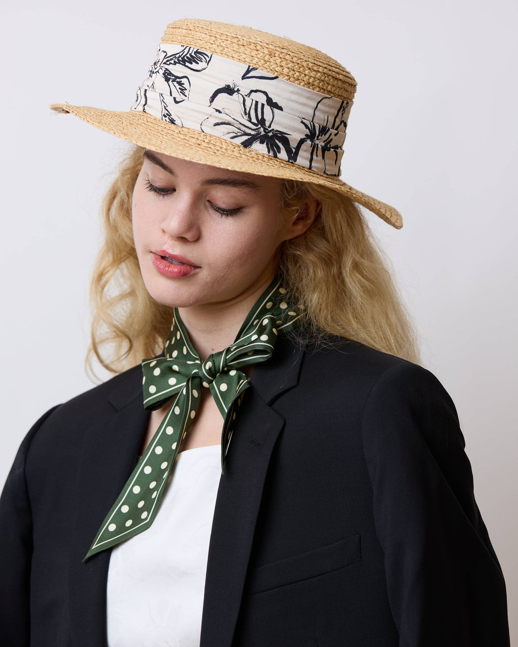 Lost Pattern NYC - "Retro Polka" Silk Skinny Scarf - Dark Green