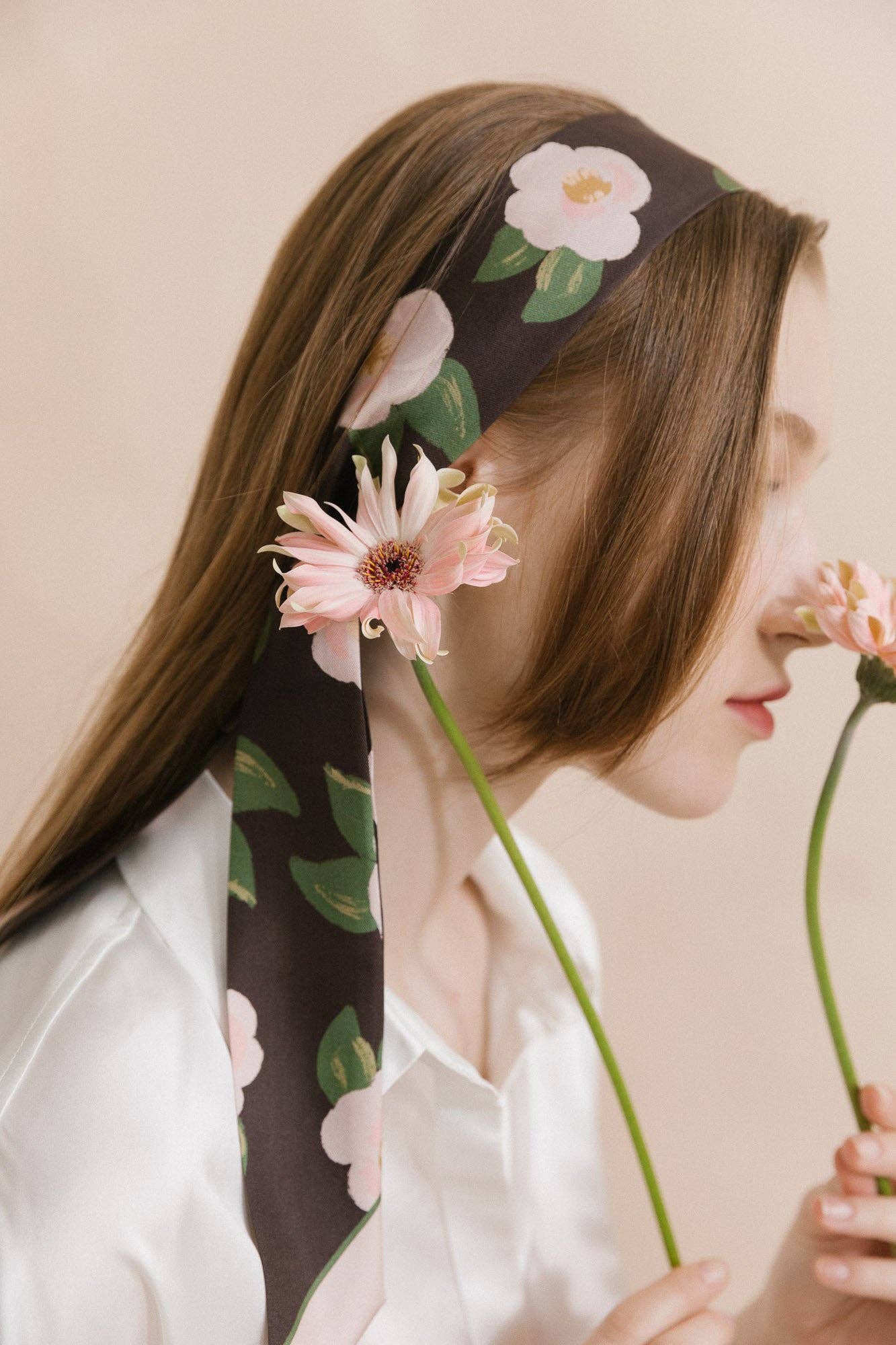 Lost Pattern NYC - "Camellia" Silk Twill Skinny Scarf - Dark Brown