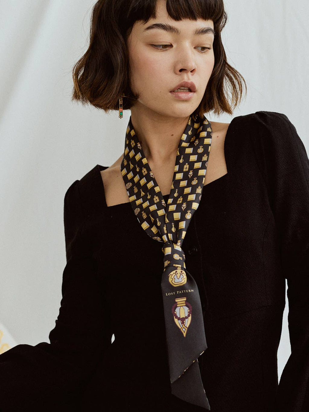 Lost Pattern NYC - "Amora" Silk Twill Skinny Scarf - Golden & Black