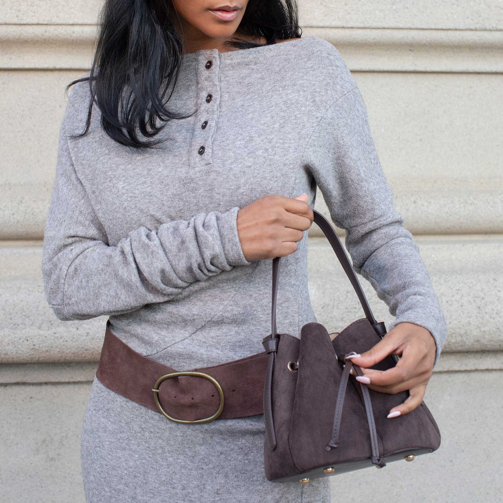 Melie Bianco - Laguna Mini Chocolate Recycled Vegan Suede Top Handle Bag