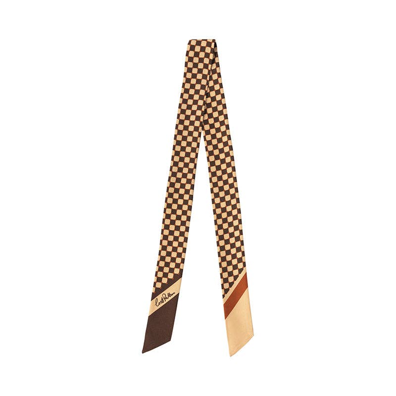 Lost Pattern NYC - "Checkerboard" Silk Twill Skinny Scarf  - Coffee