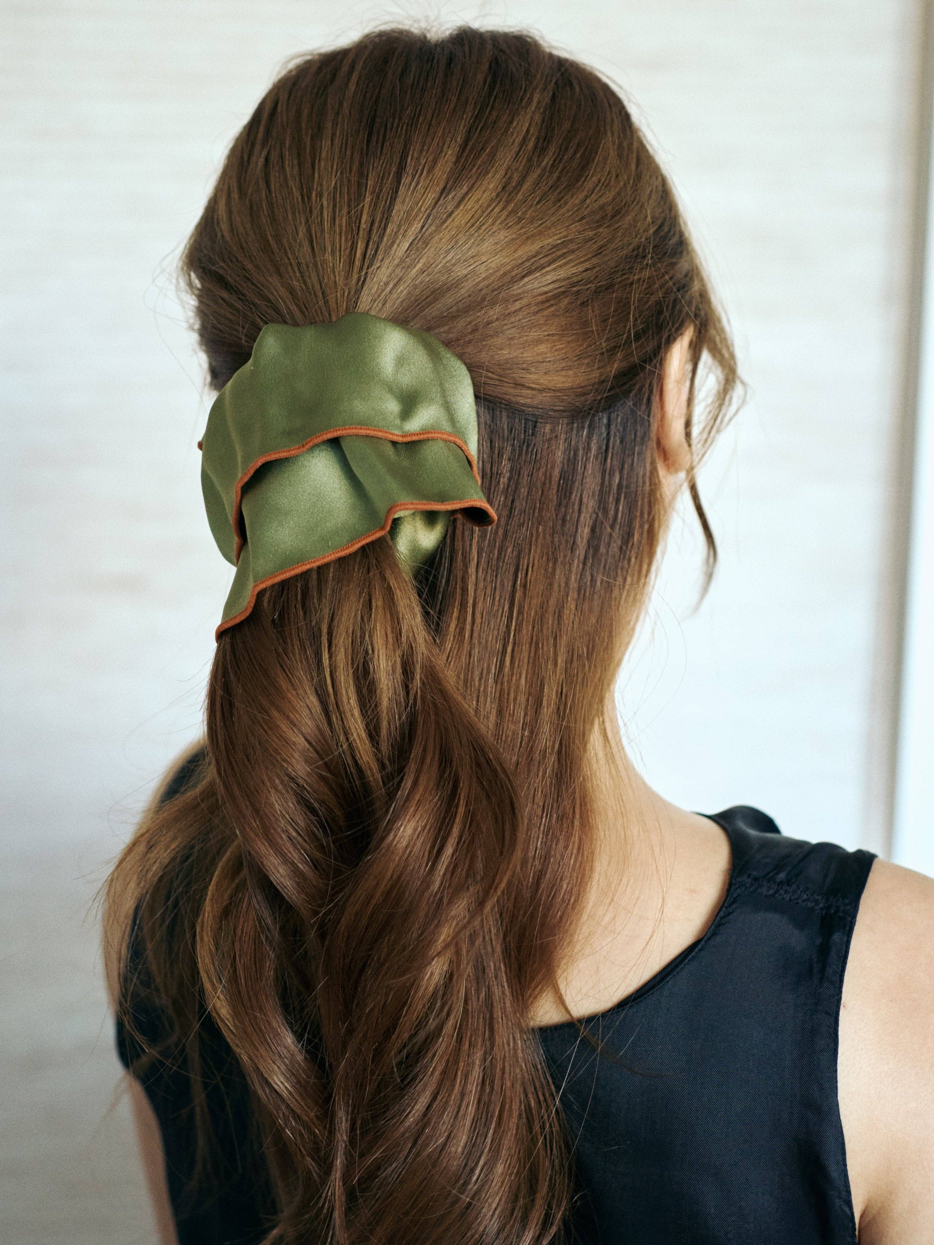 Lost Pattern NYC - "Maxi Flower" Double-Layer Oversized Silk Scrunchie - Martini Olive