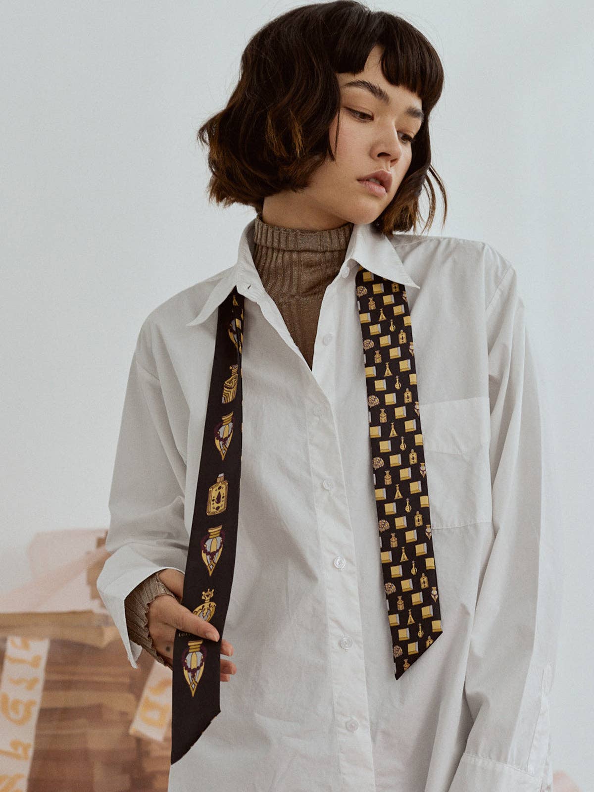 Lost Pattern NYC - "Amora" Silk Twill Skinny Scarf - Golden & Black