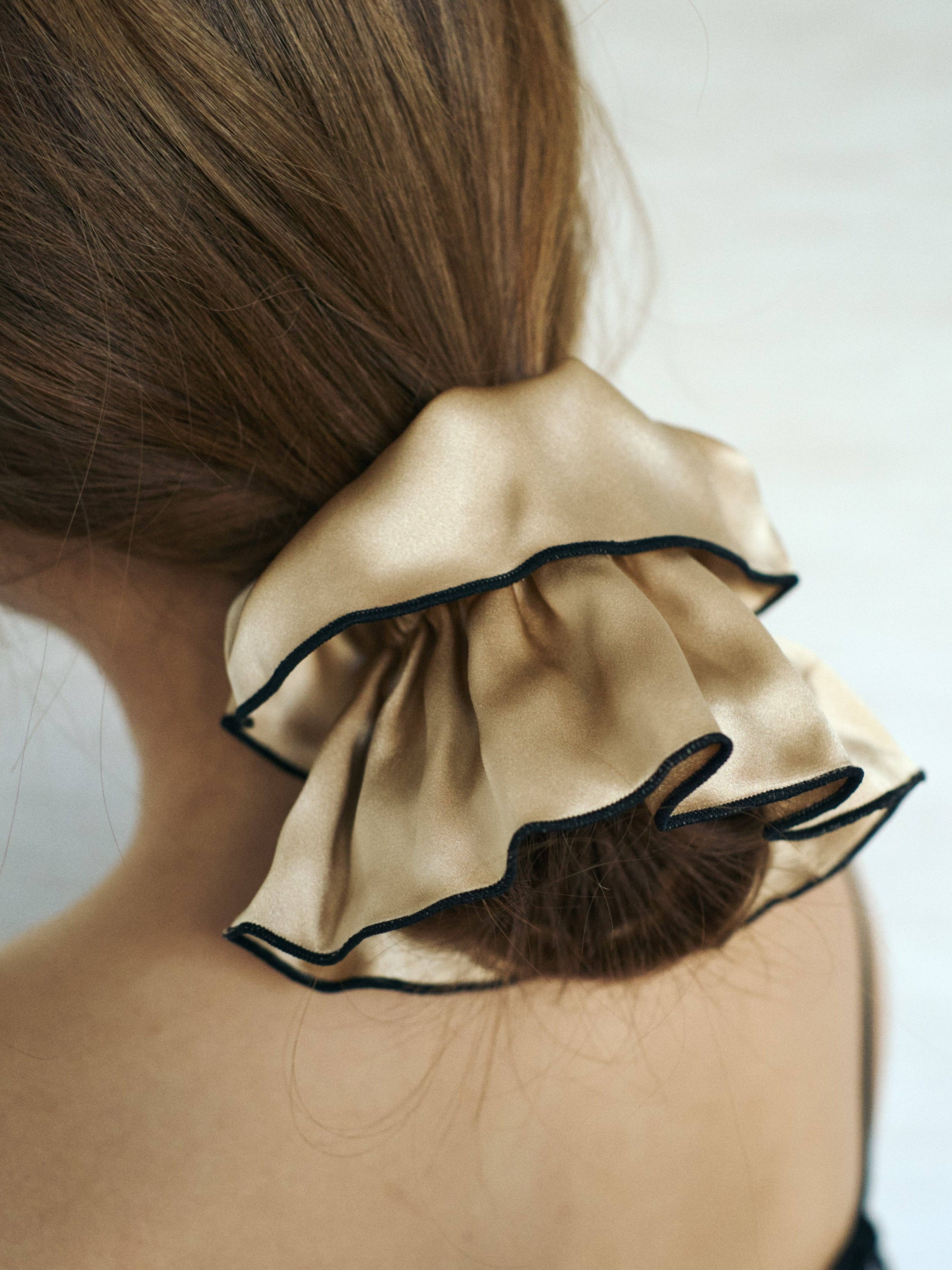 Lost Pattern NYC - "Maxi Flower" Double-Layer Oversized Silk Scrunchie - Tan
