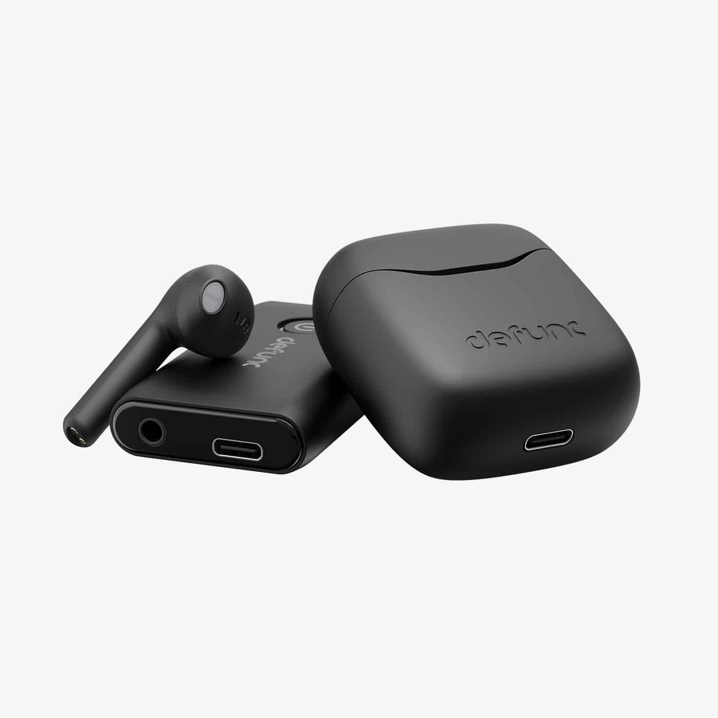 Defunc True Travel Bluetooth earbuds on white background