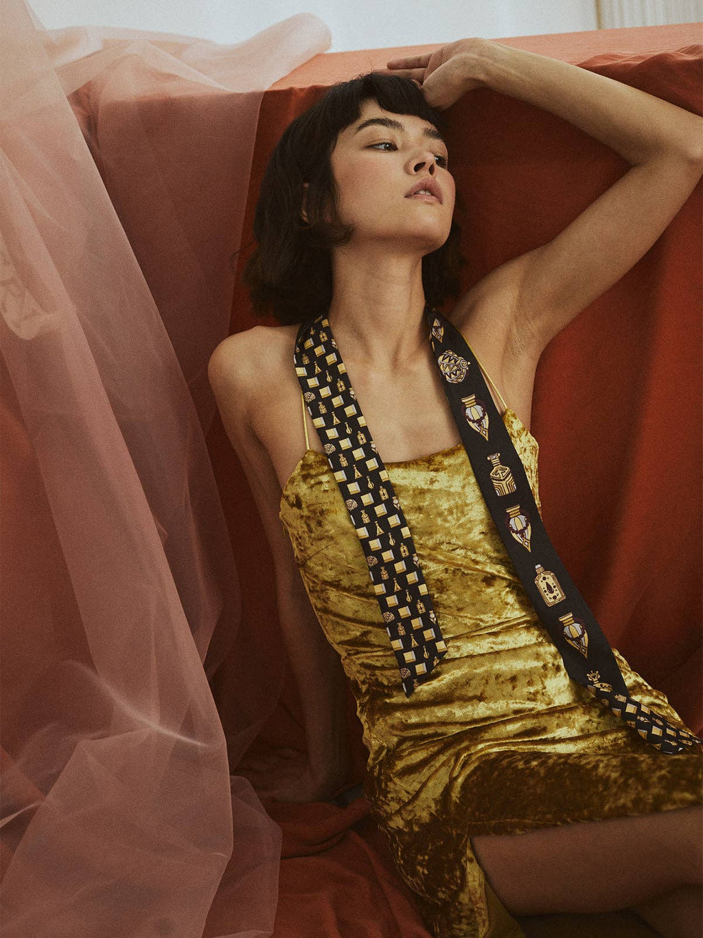 Lost Pattern NYC - "Amora" Silk Twill Skinny Scarf - Golden & Black