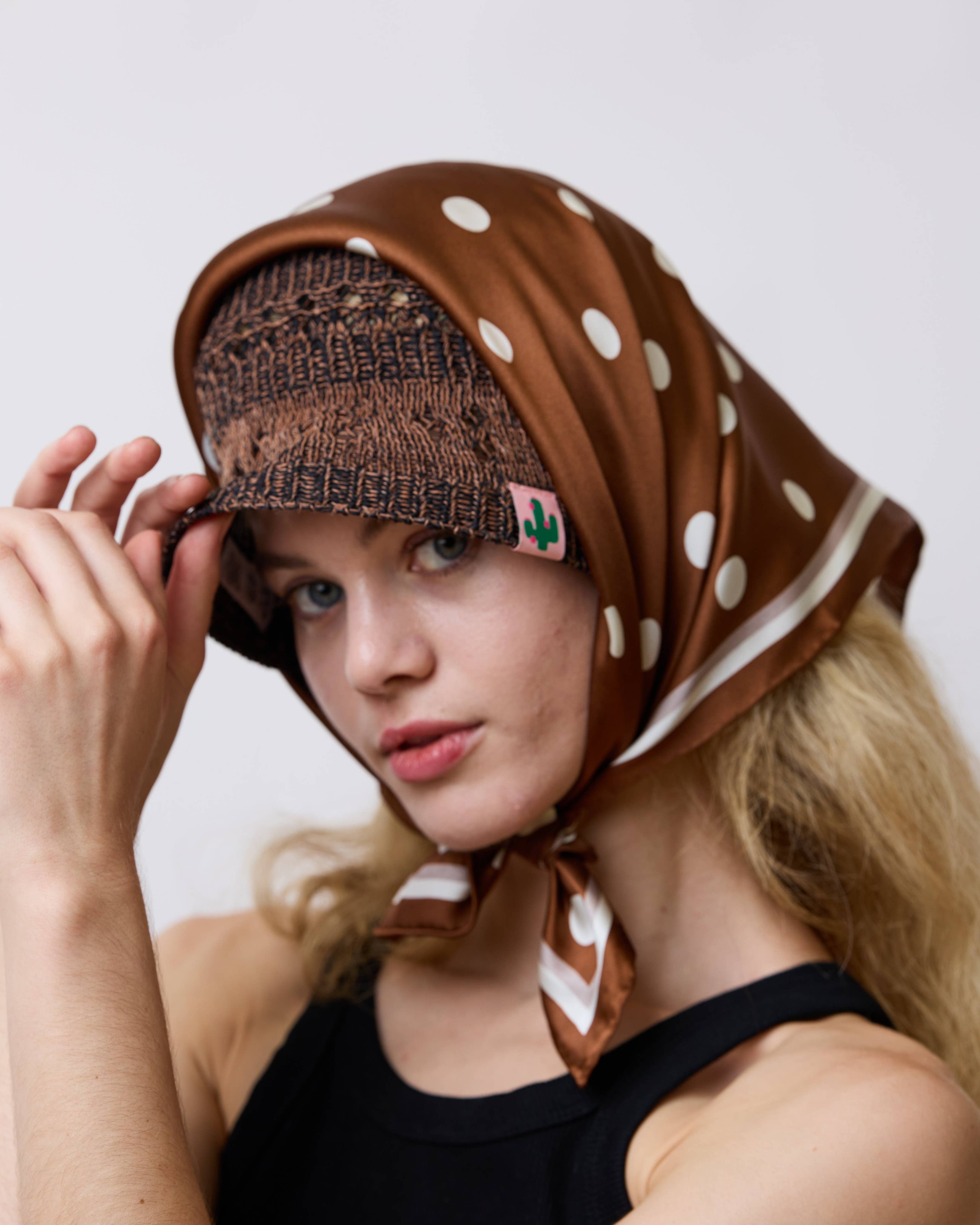 Lost Pattern NYC - "Retro Polka" Silk Bandana Scarf - Cafe Au Lait