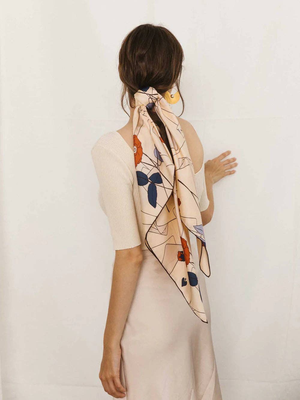 Lost Pattern NYC - "Camellia" Silk Pocket Square & Large Silk Scarf Set -Khaki