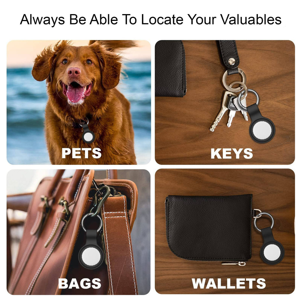 Product advertisement showing a dog, keys, bags, and wallets with tags for locating valuables.
