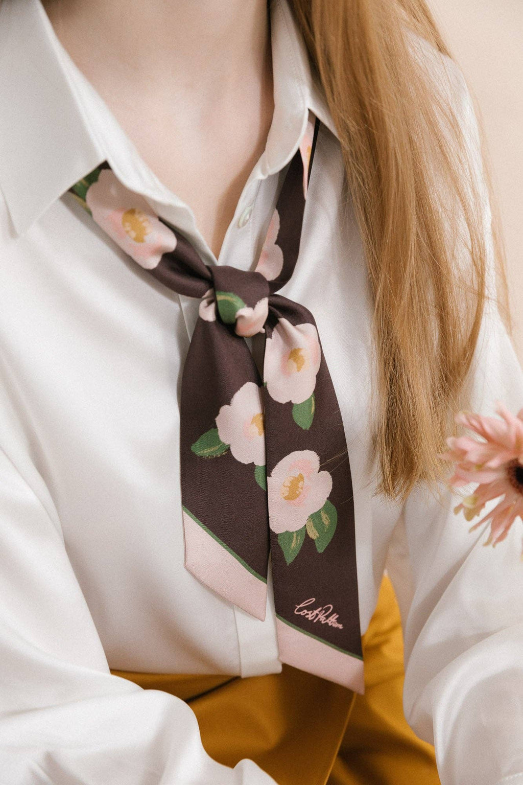 Lost Pattern NYC - "Camellia" Silk Twill Skinny Scarf - Dark Brown