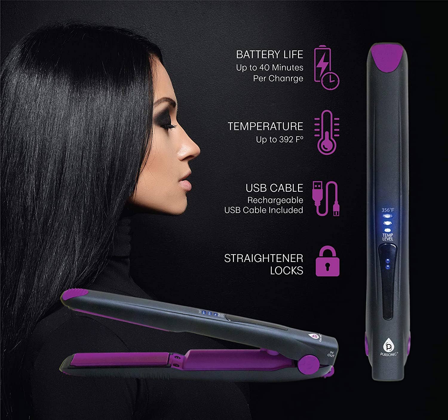 Pursonic - USB Rechargeable Hair Straightener