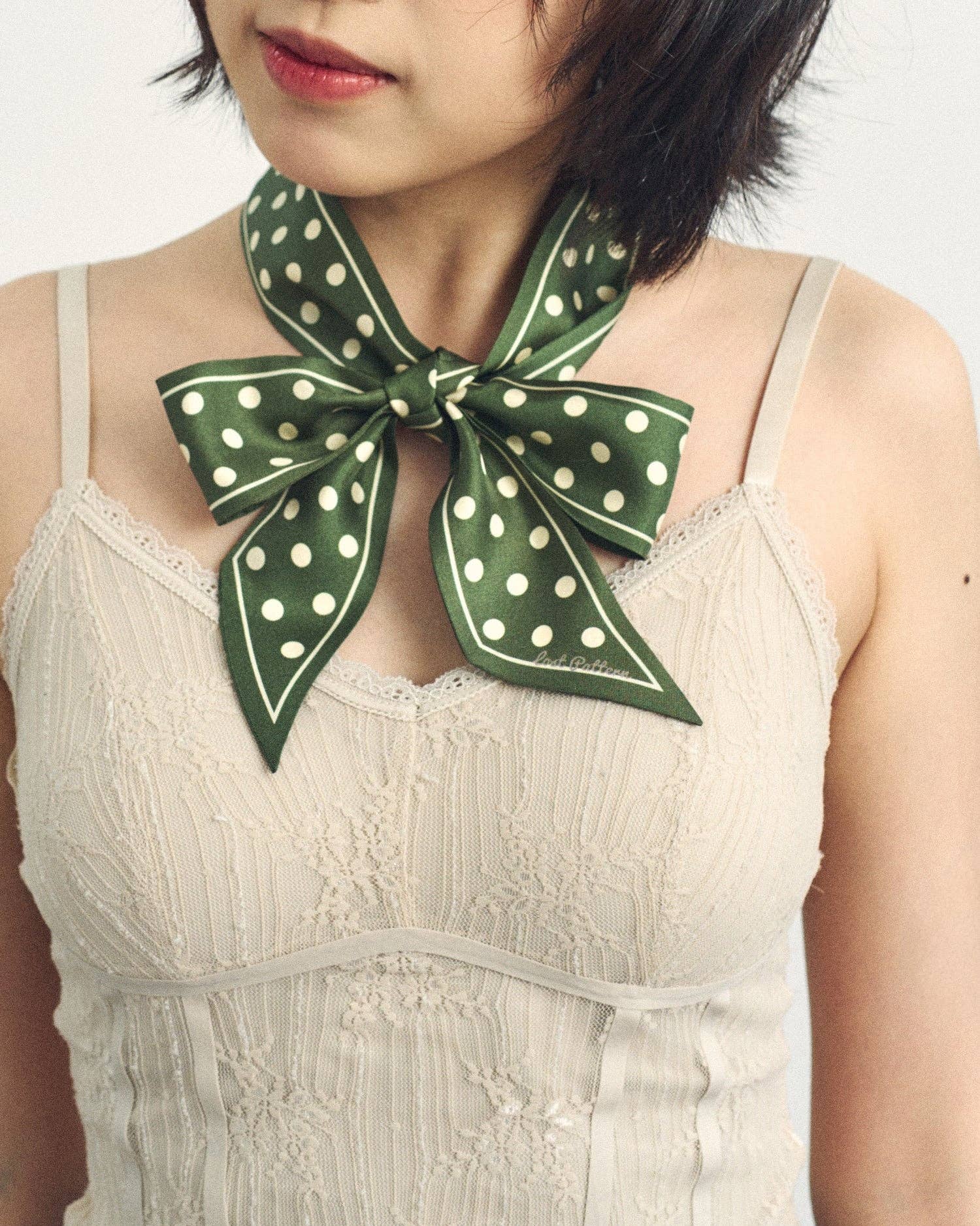 Lost Pattern NYC - "Retro Polka" Silk Skinny Scarf - Dark Green