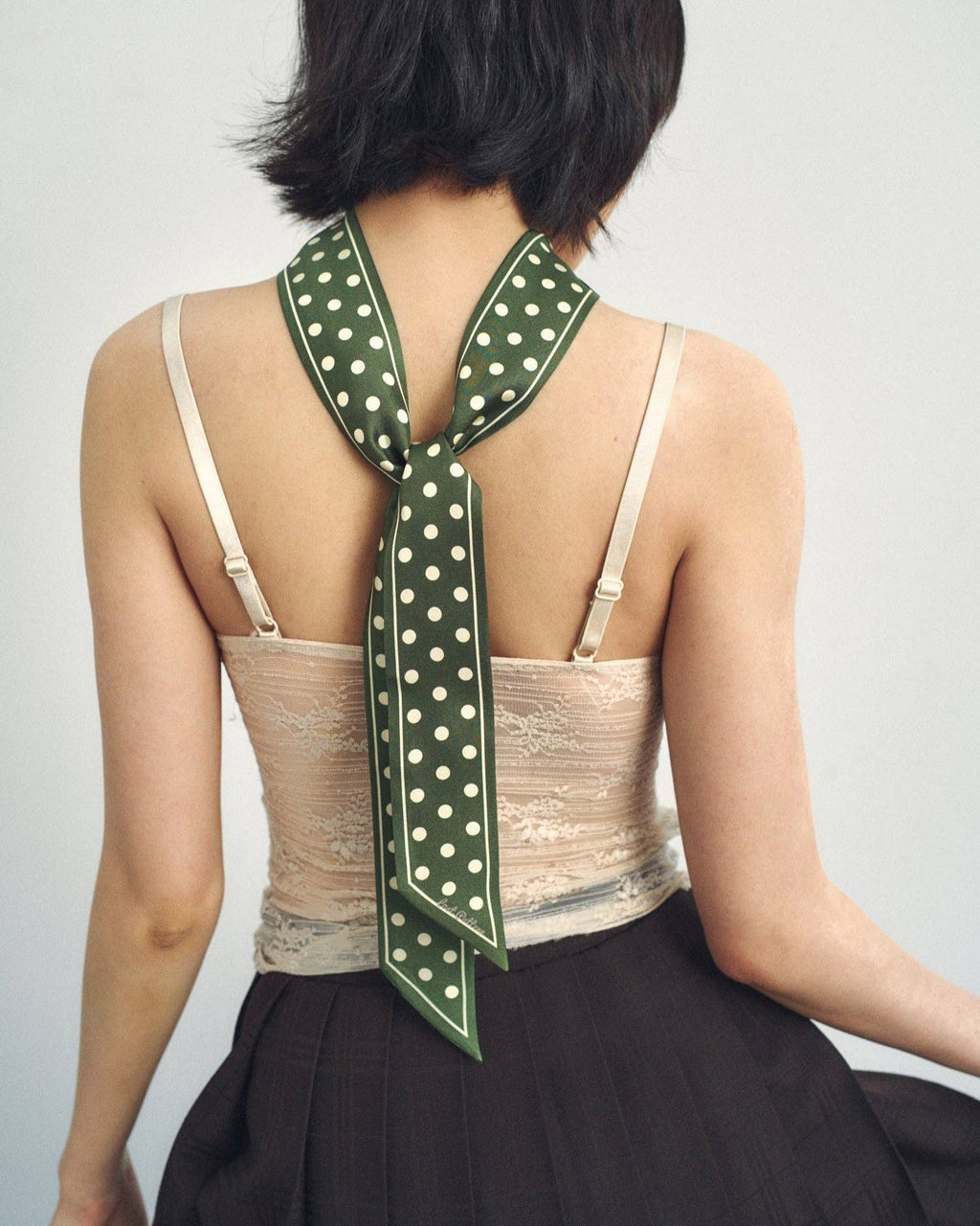 Lost Pattern NYC - "Retro Polka" Silk Skinny Scarf - Dark Green
