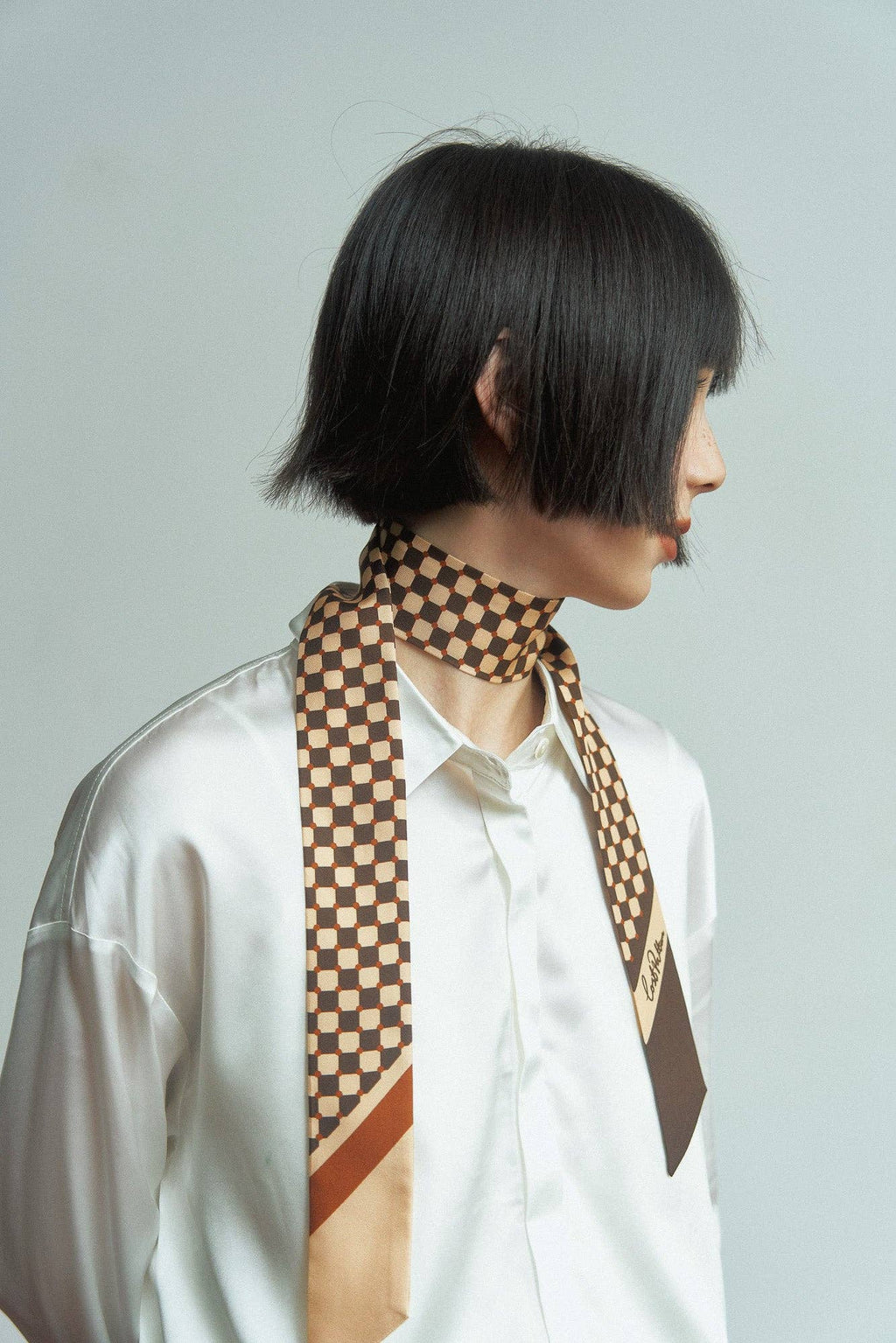 Lost Pattern NYC - "Checkerboard" Silk Twill Skinny Scarf  - Coffee