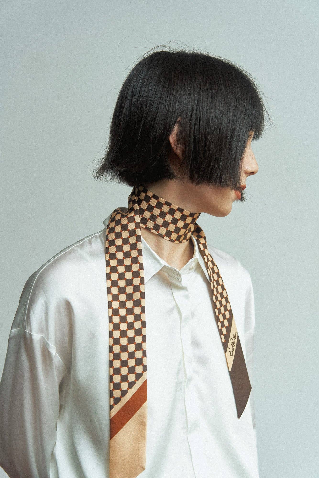 Lost Pattern NYC - "Checkerboard" Silk Twill Skinny Scarf  - Coffee