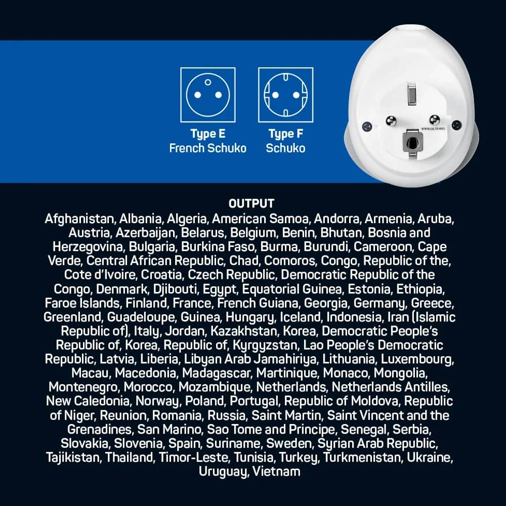 White plug with Type E and Type F Schuko symbols on a blue background with text.