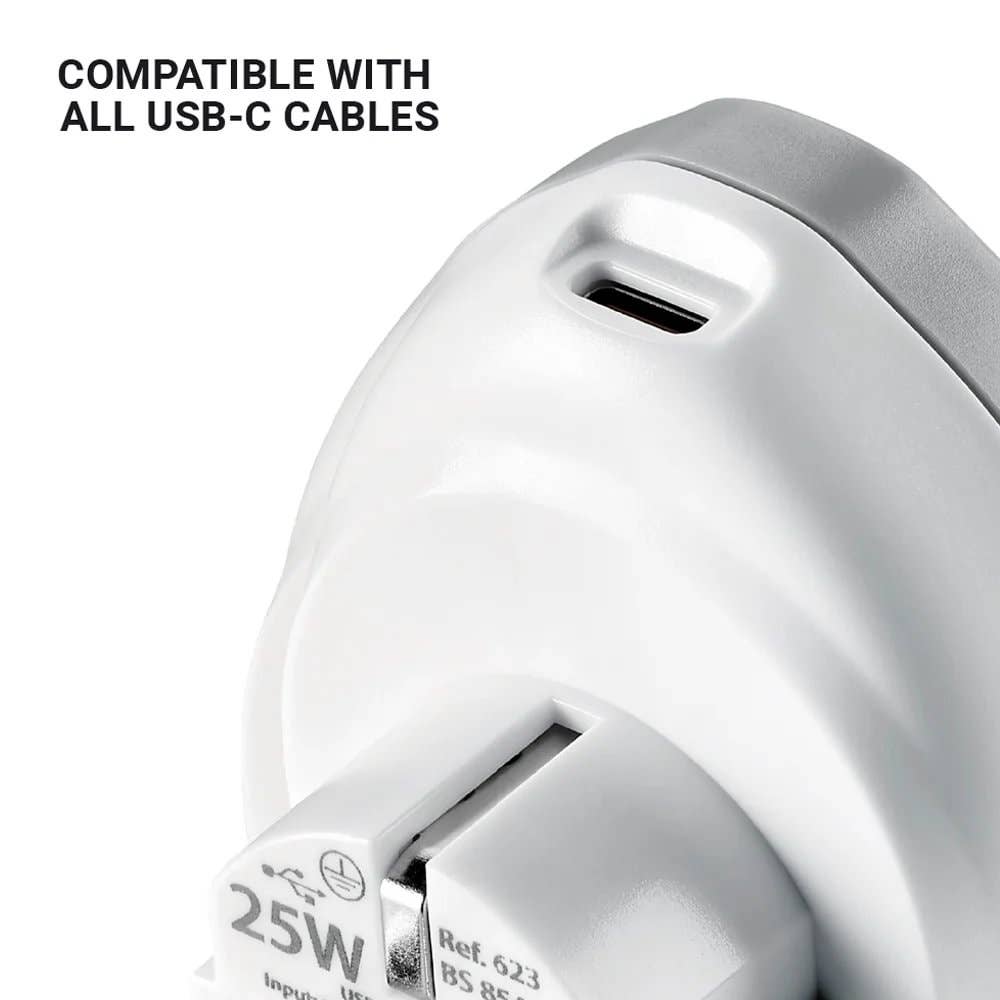 Close-up of a USB-C cable connector with text indicating compatibility.