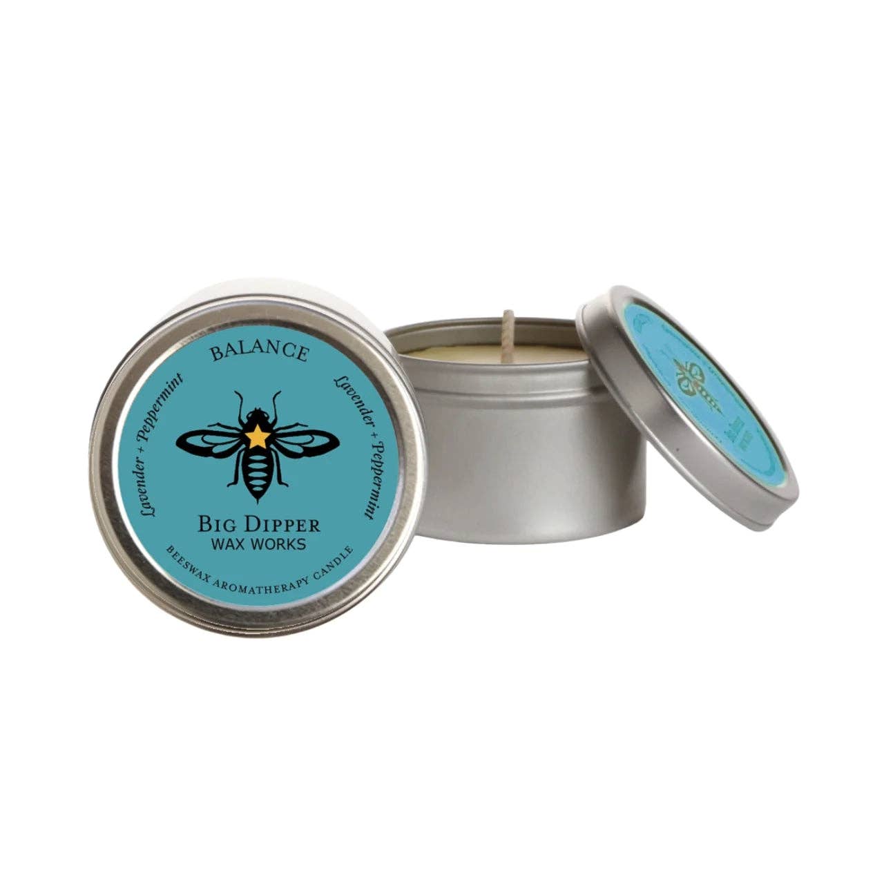 Scented candle in a tin with 'Big Dipper Wax Works' branding on a white background