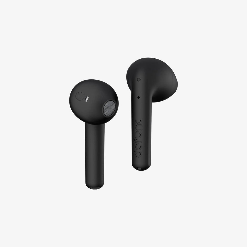 Black wireless earbuds on a white background