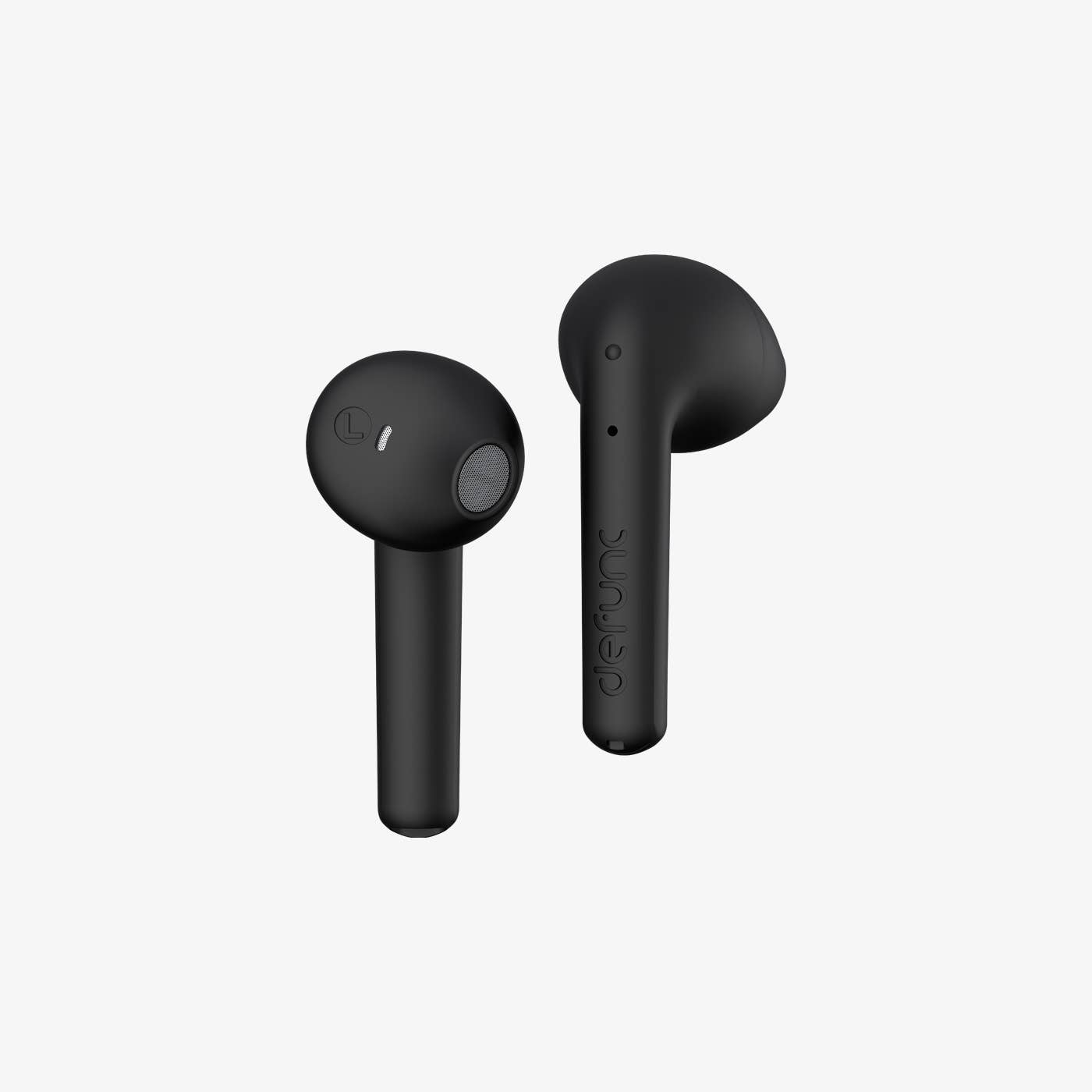 Black wireless earbuds on a white background
