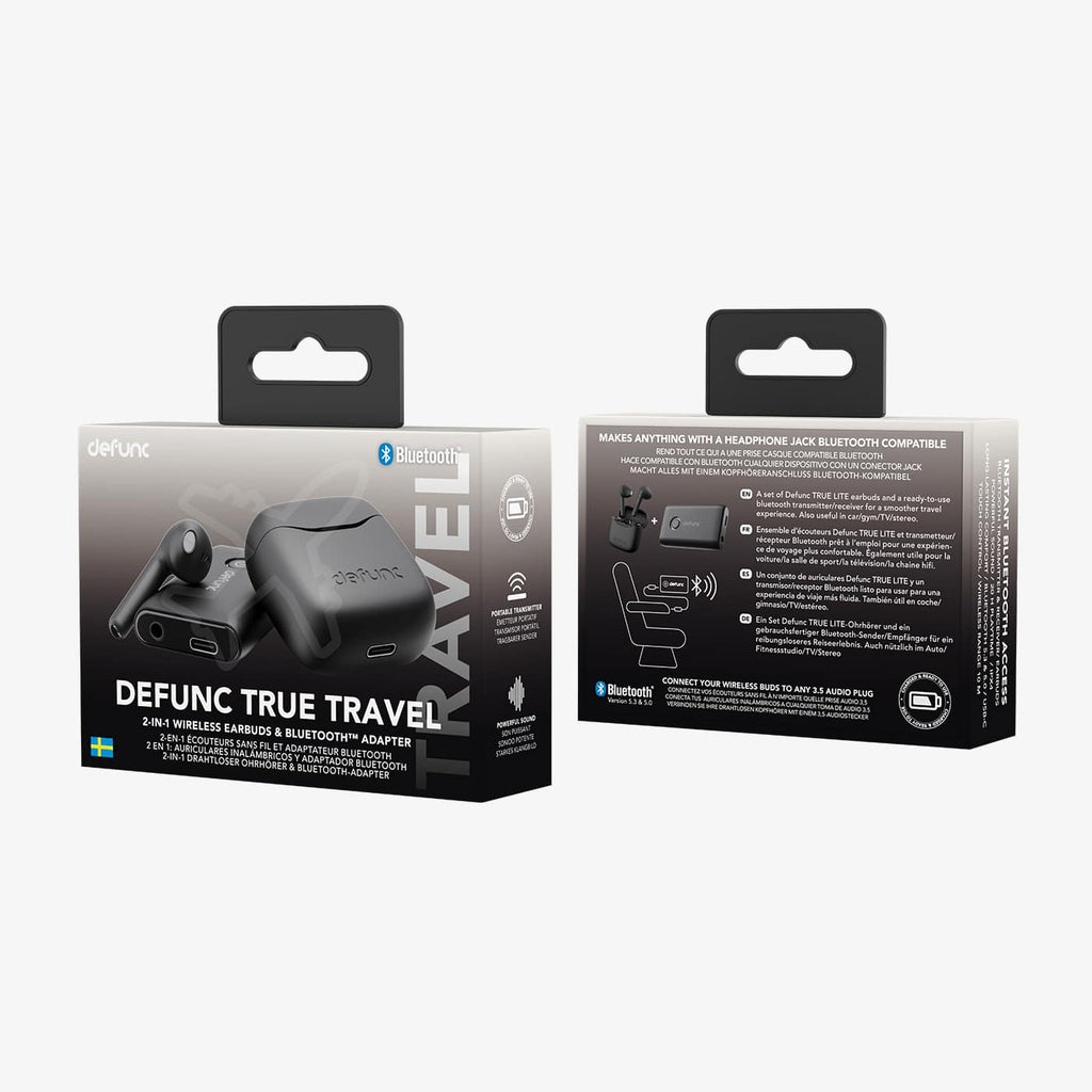 Defunc True Travel Bluetooth earbuds packaging on a white background