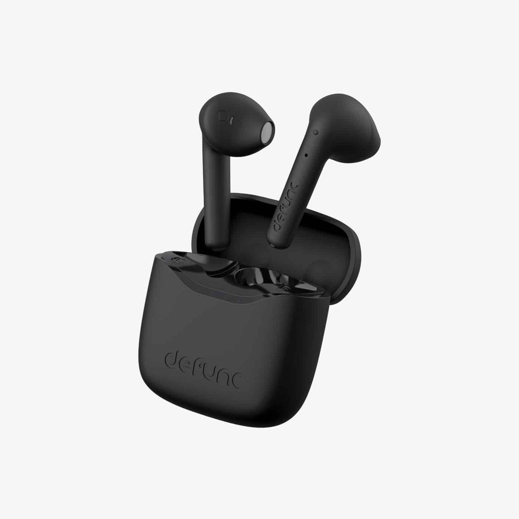 Defunc True Travel Bluetooth earbuds on white background