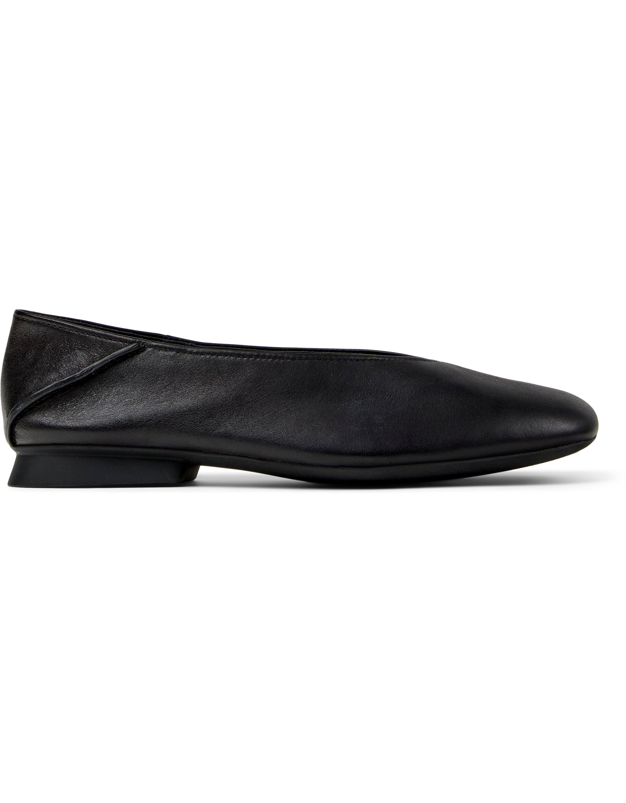 Side profile of black ballet flats on a white background