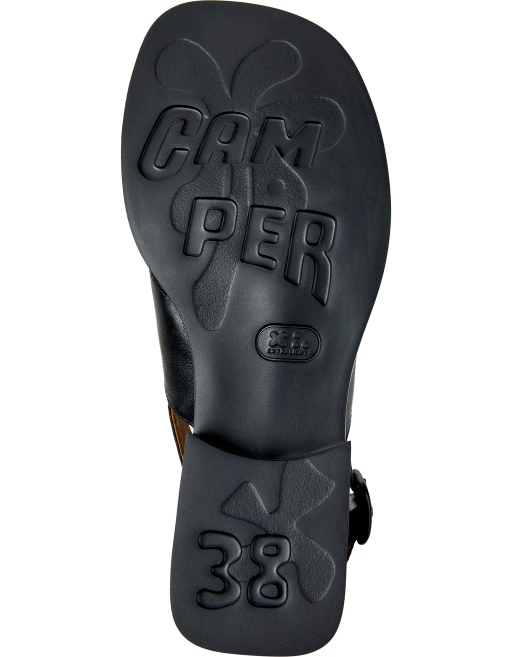 Black sandal sole with 'Camper' branding on a white background