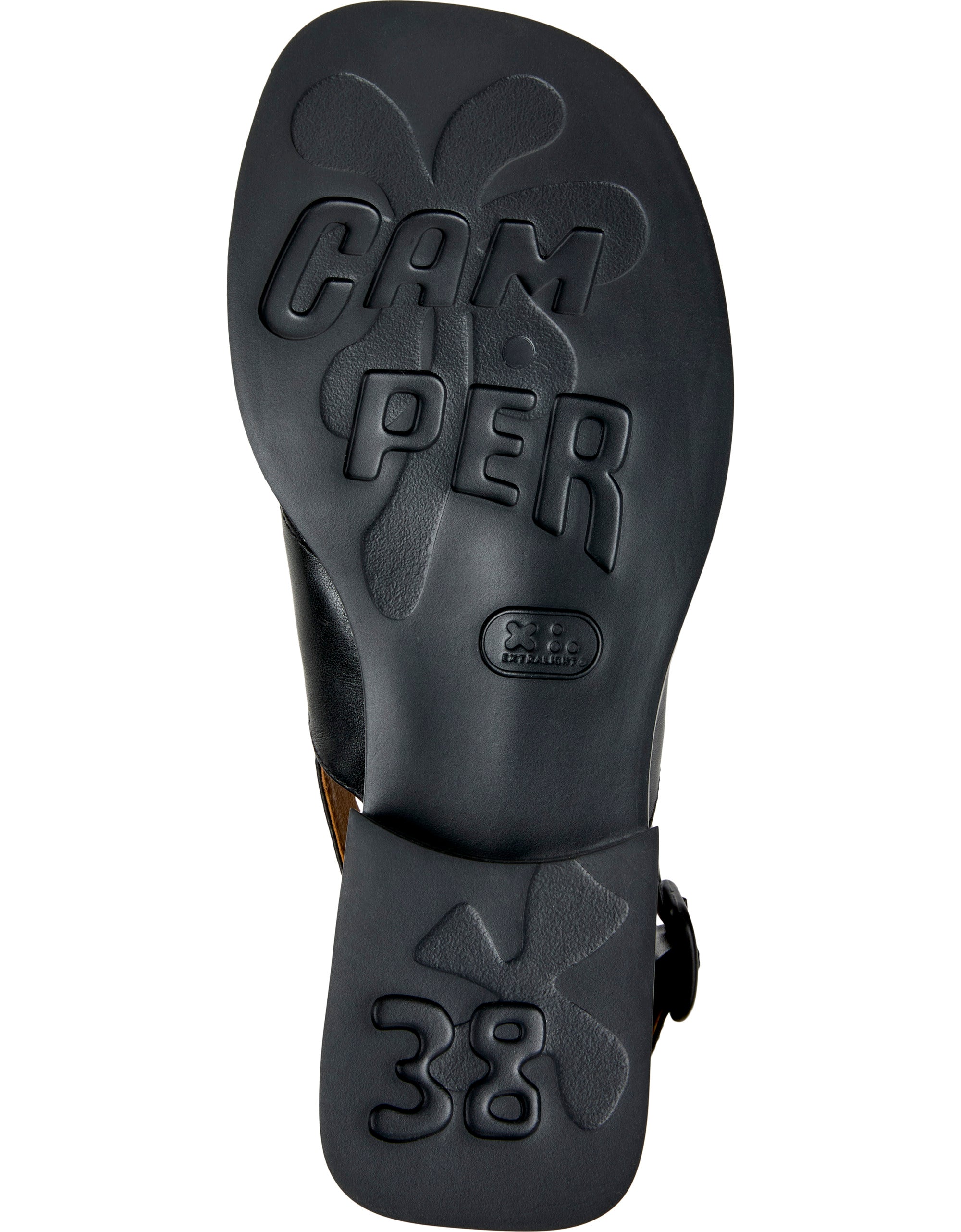 Black sandal sole with 'Camper' branding on a white background