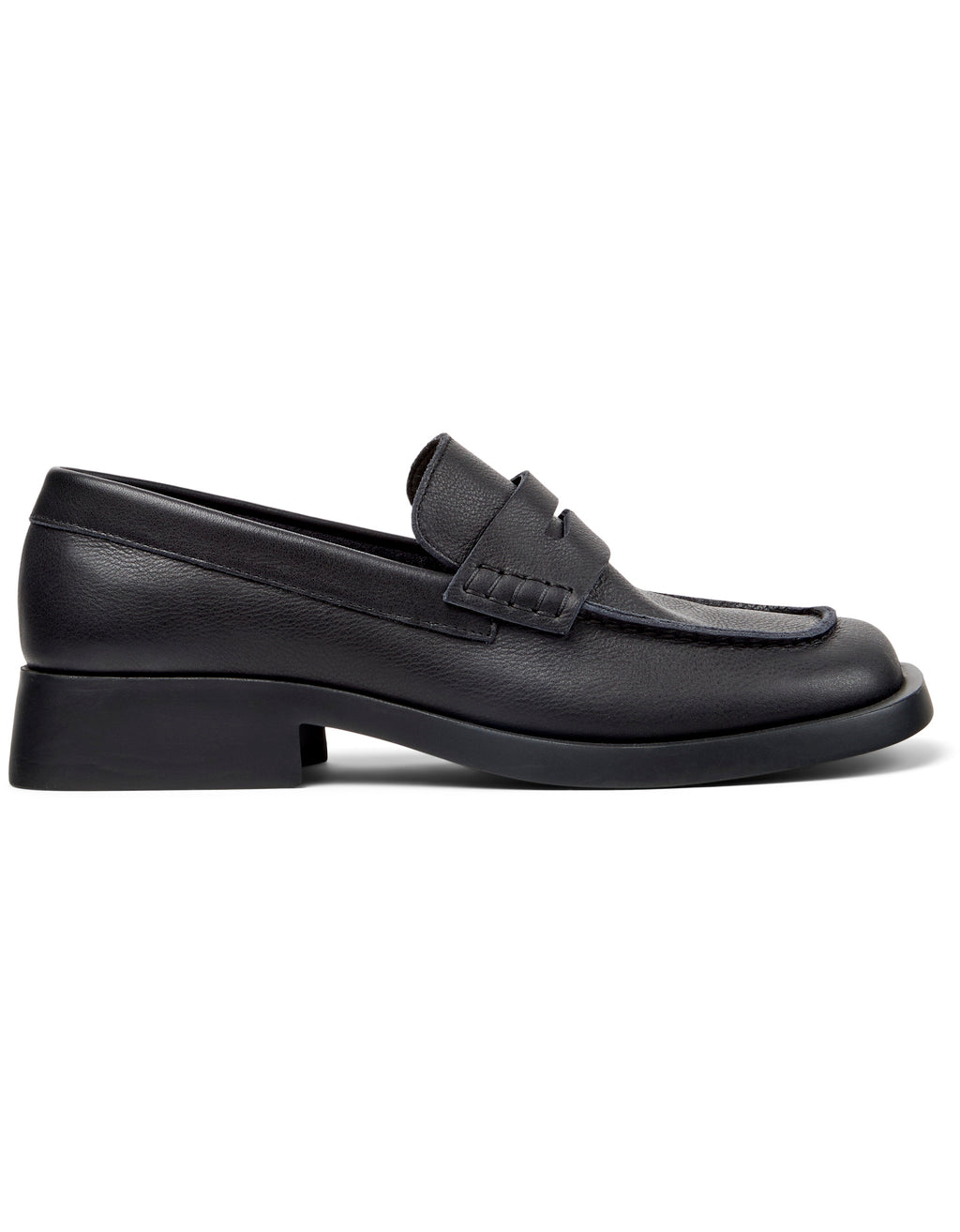 Black loafers with a slight block heel on a white background
