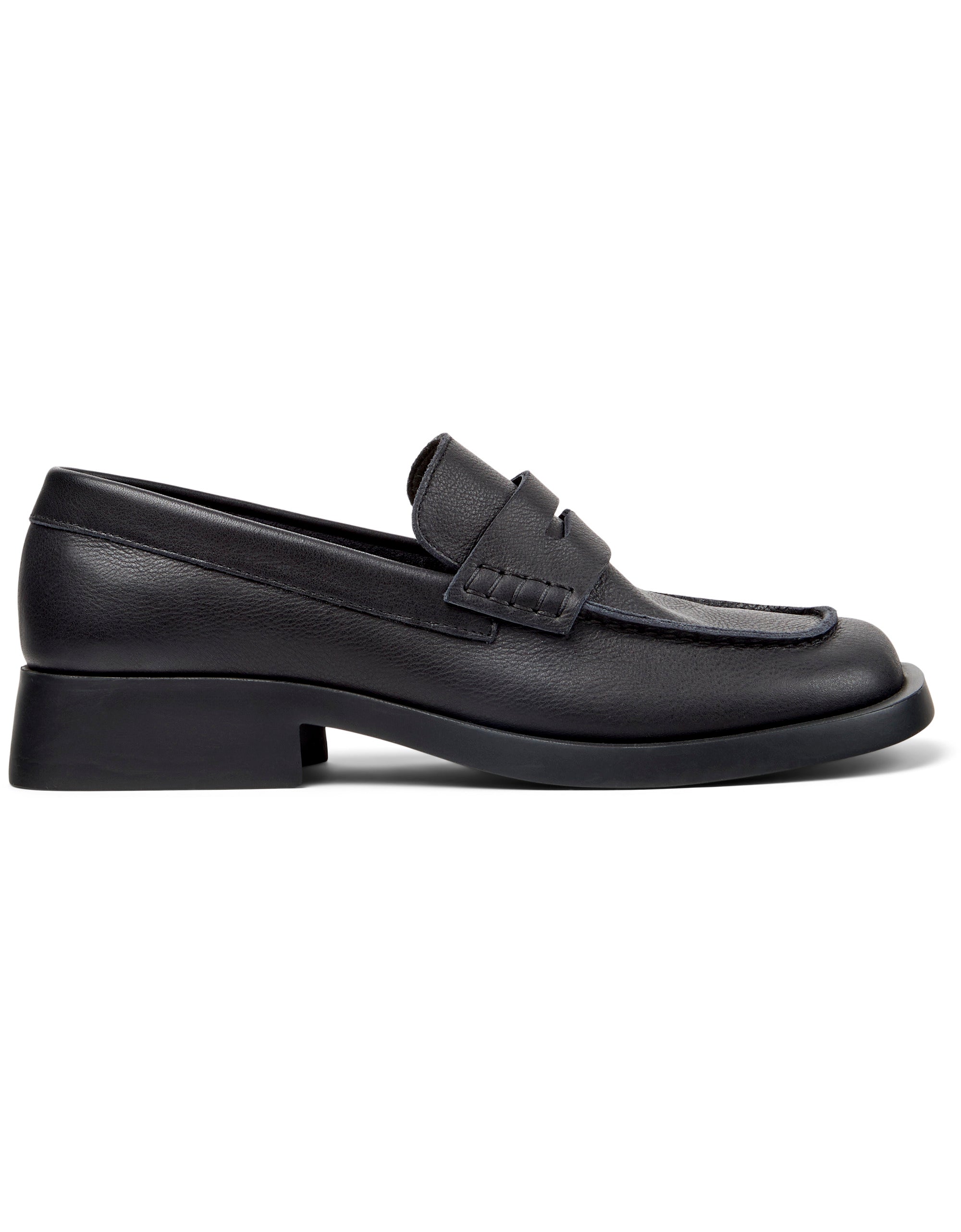 Black loafers with a slight block heel on a white background