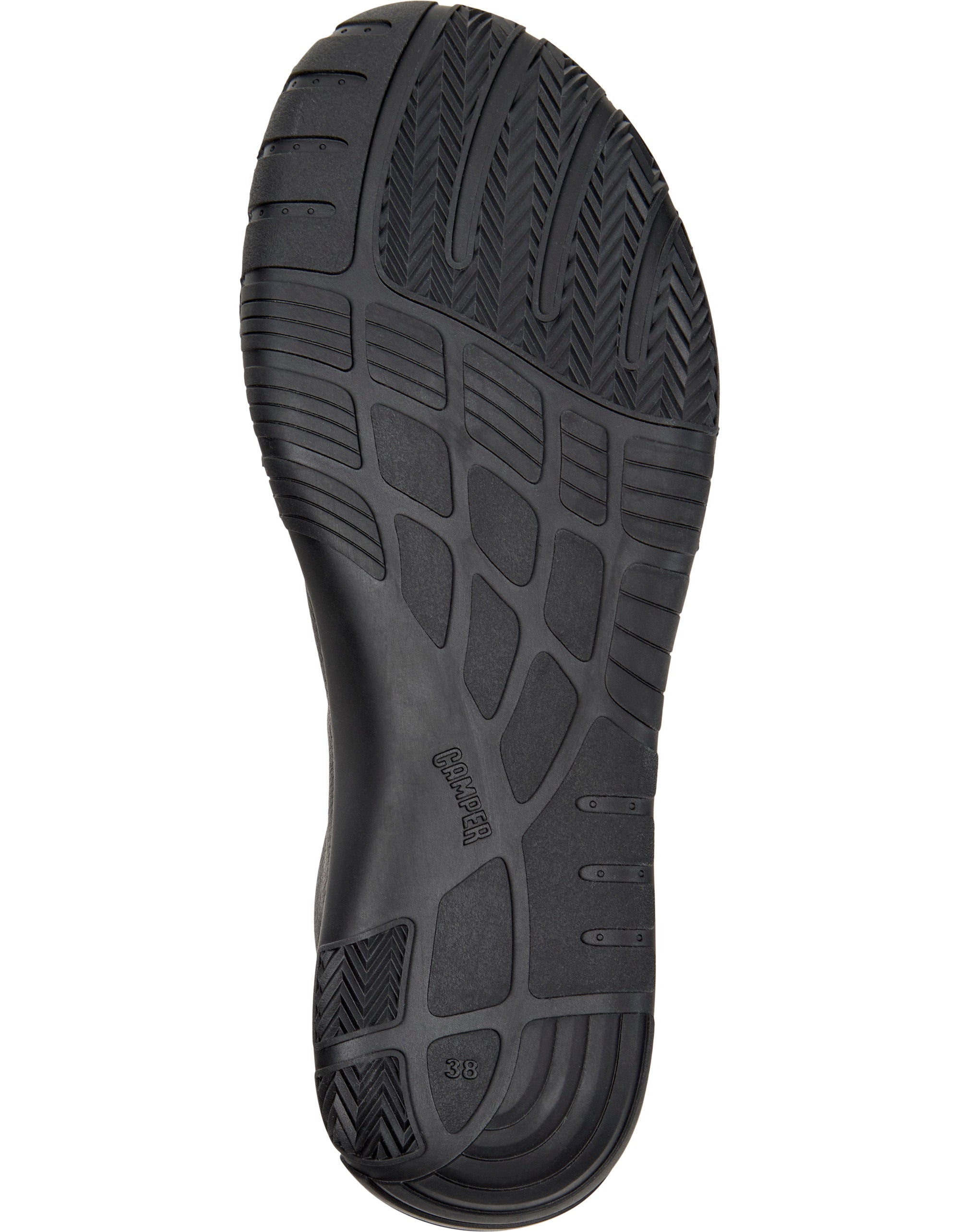Black shoe sole with tread pattern on a white background
