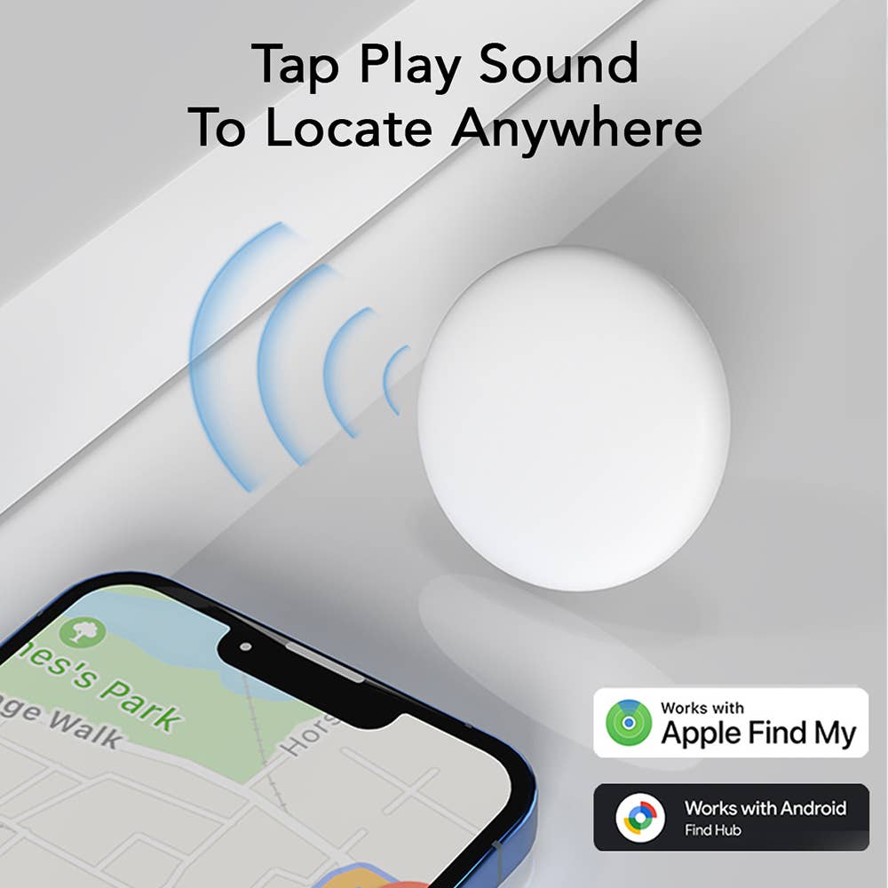 Smart device with a spherical component and text indicating sound location feature, compatible with Apple Find My.