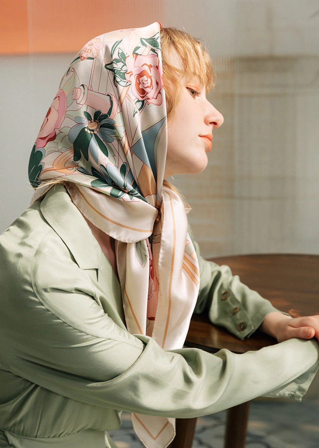 Lost Pattern NY Vintage Blooms Scarf in Champagne on model in hair