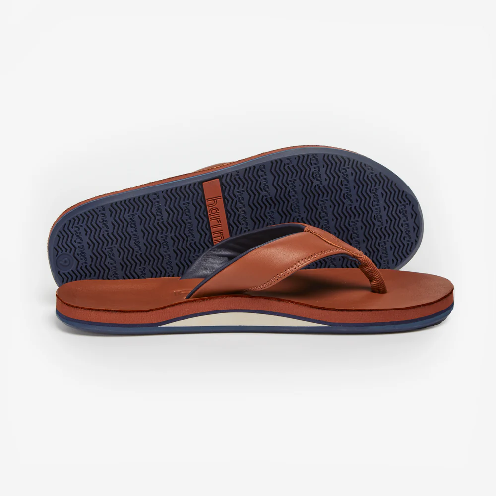 Brown and navy flip-flops on a light gray background