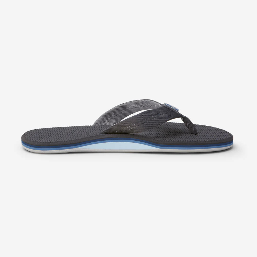 Side profile of dark charcoal flip flip on white background